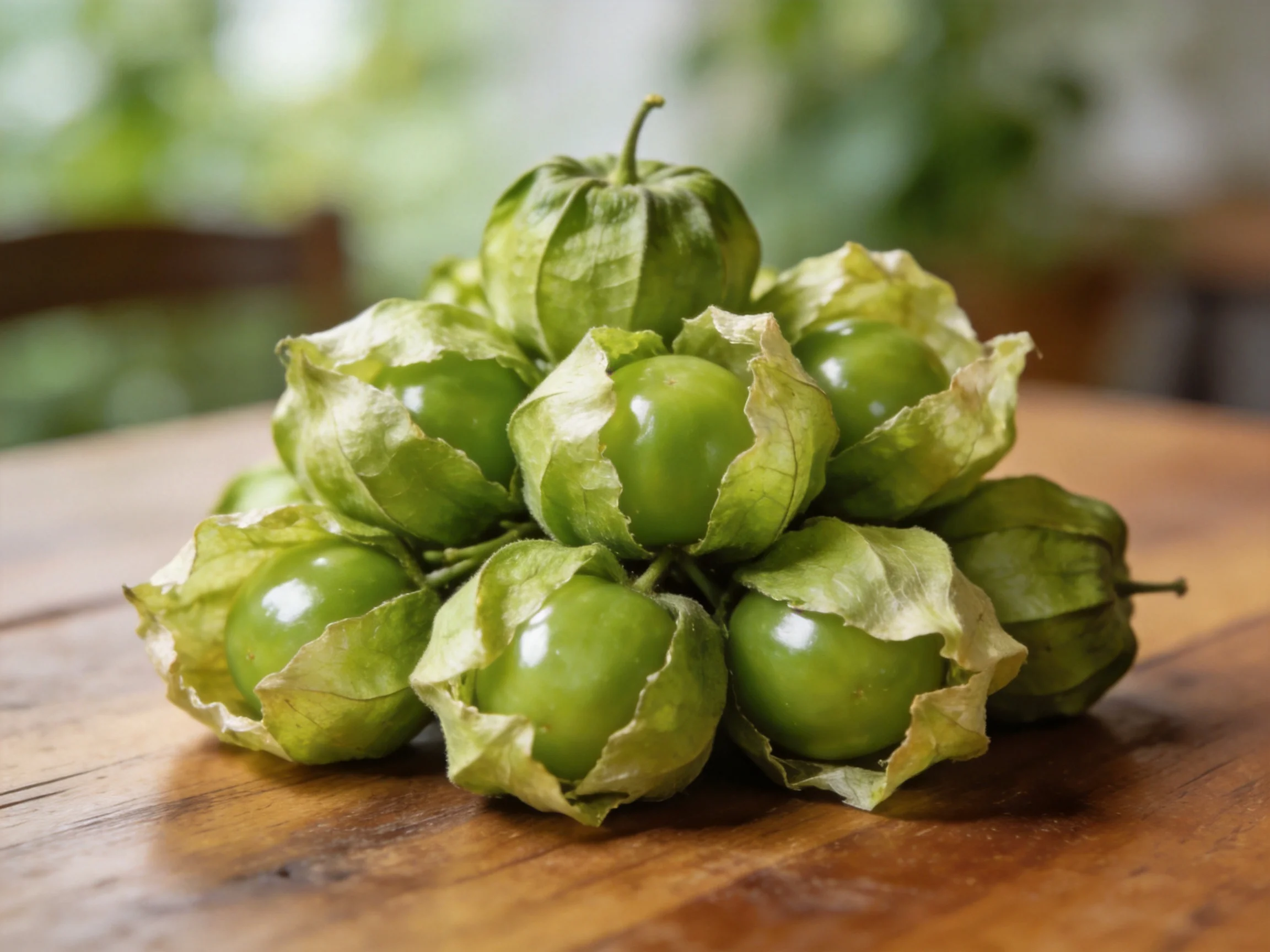 A cluster of green tomatillos with papery husks on a wooden table