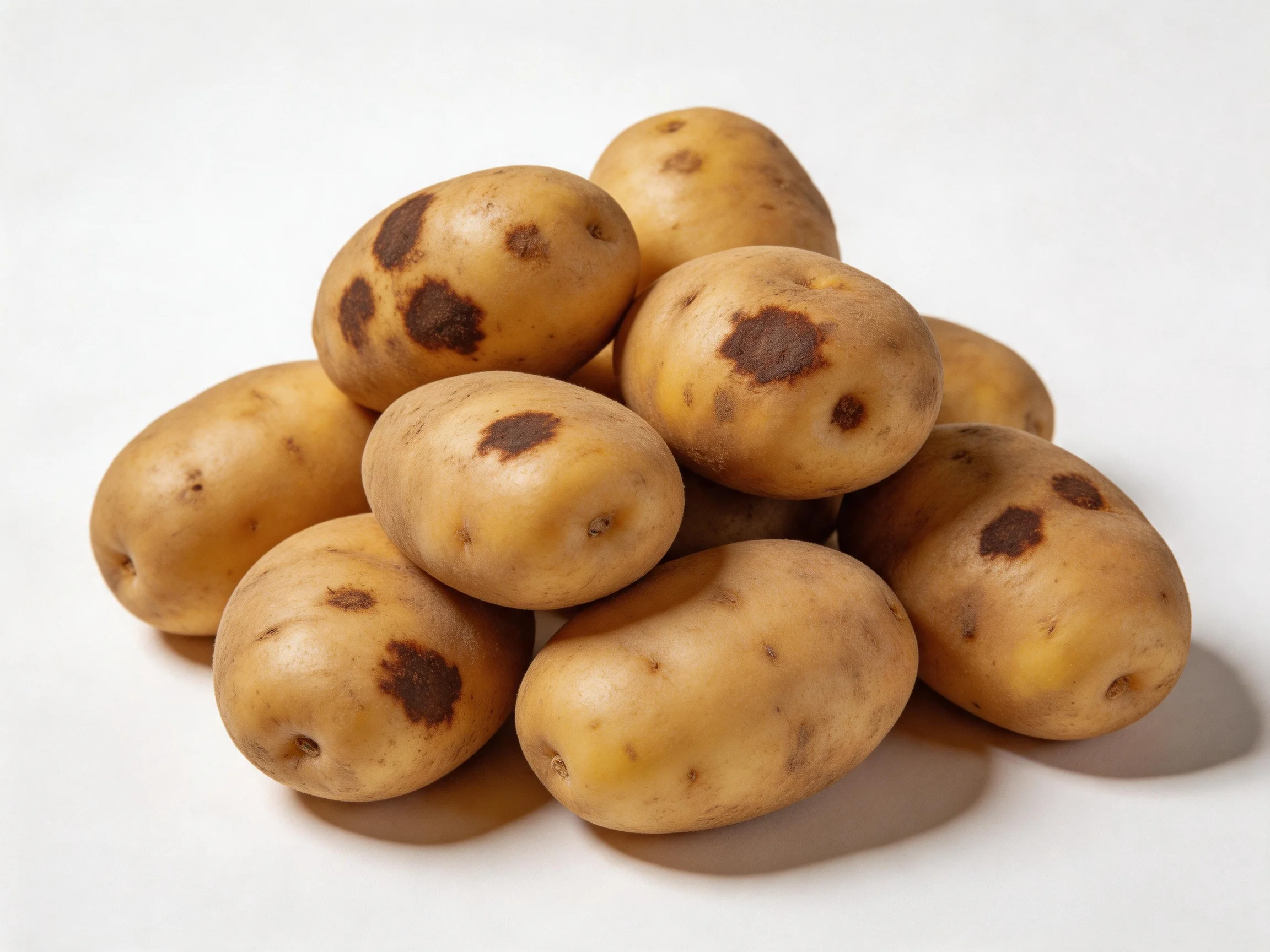 A cluster of light-brown potatoes with dark spots on a white surface
