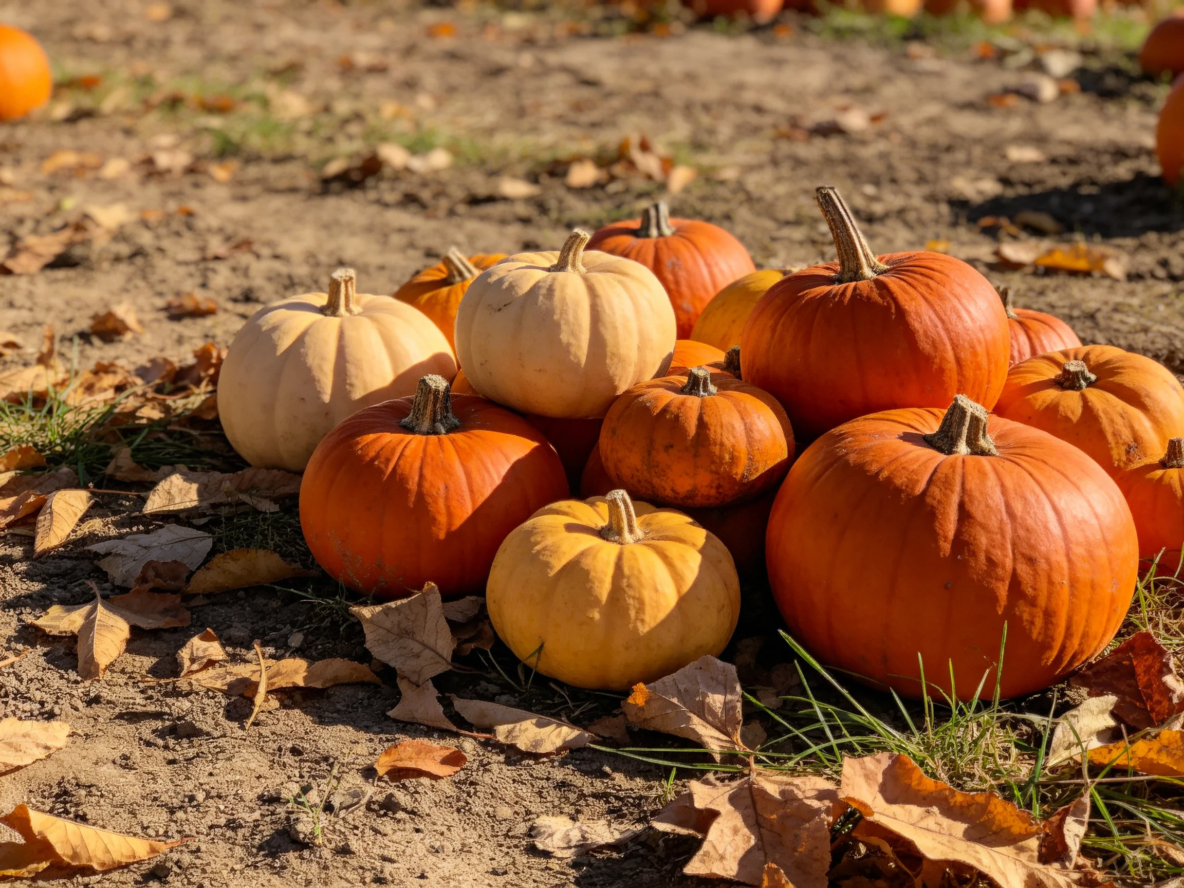 A cluster of multicolored pumpkins on dirt ground with fallen leaves