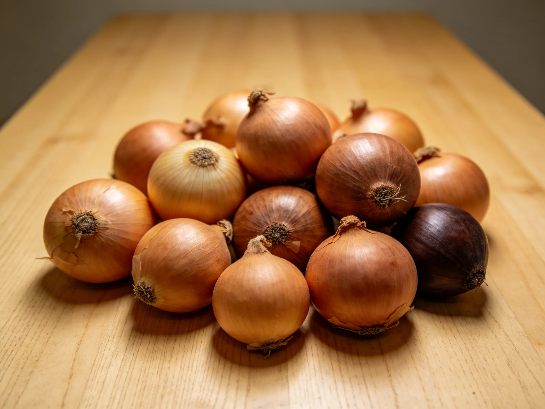 A cluster of onions in assorted brown tones placed on a light wood table