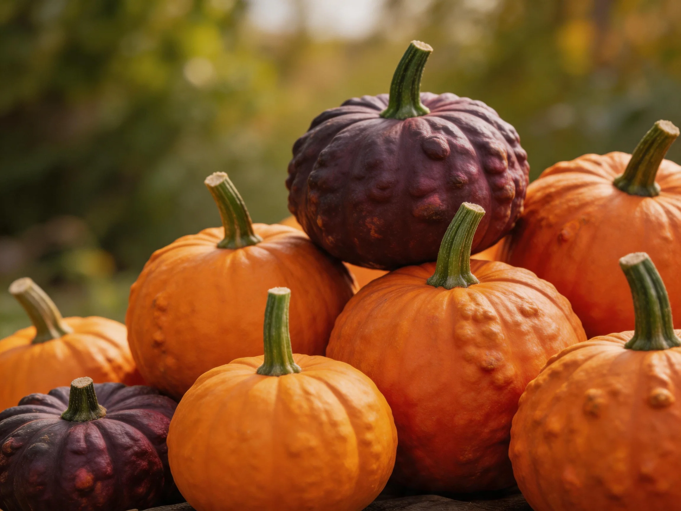A cluster of orange and dark purple pumpkins with bumpy exteriors