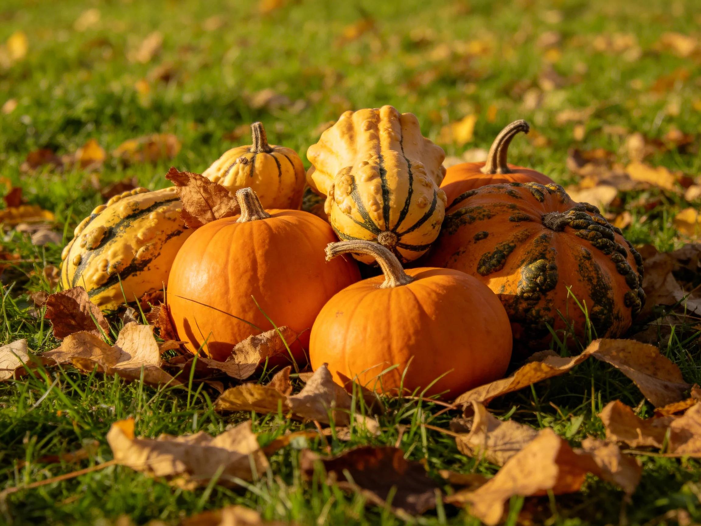 A cluster of orange and striped gourds and pumpkins on grass with fallen leaves