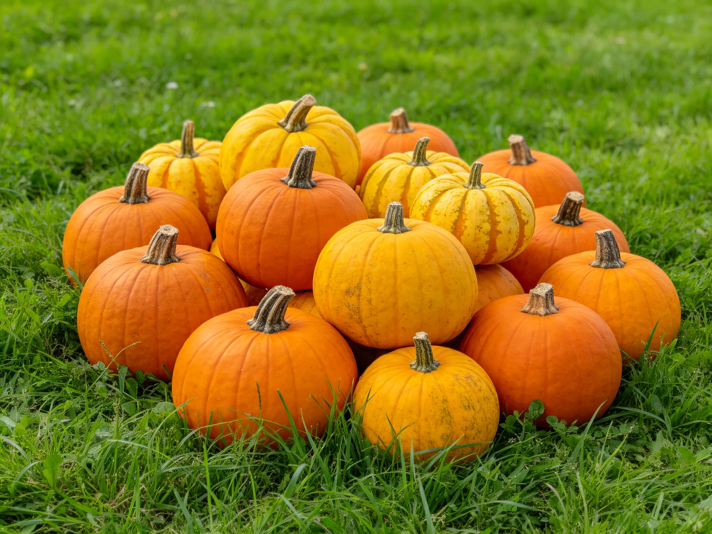 A cluster of orange and yellow pumpkins arranged on lush green grass