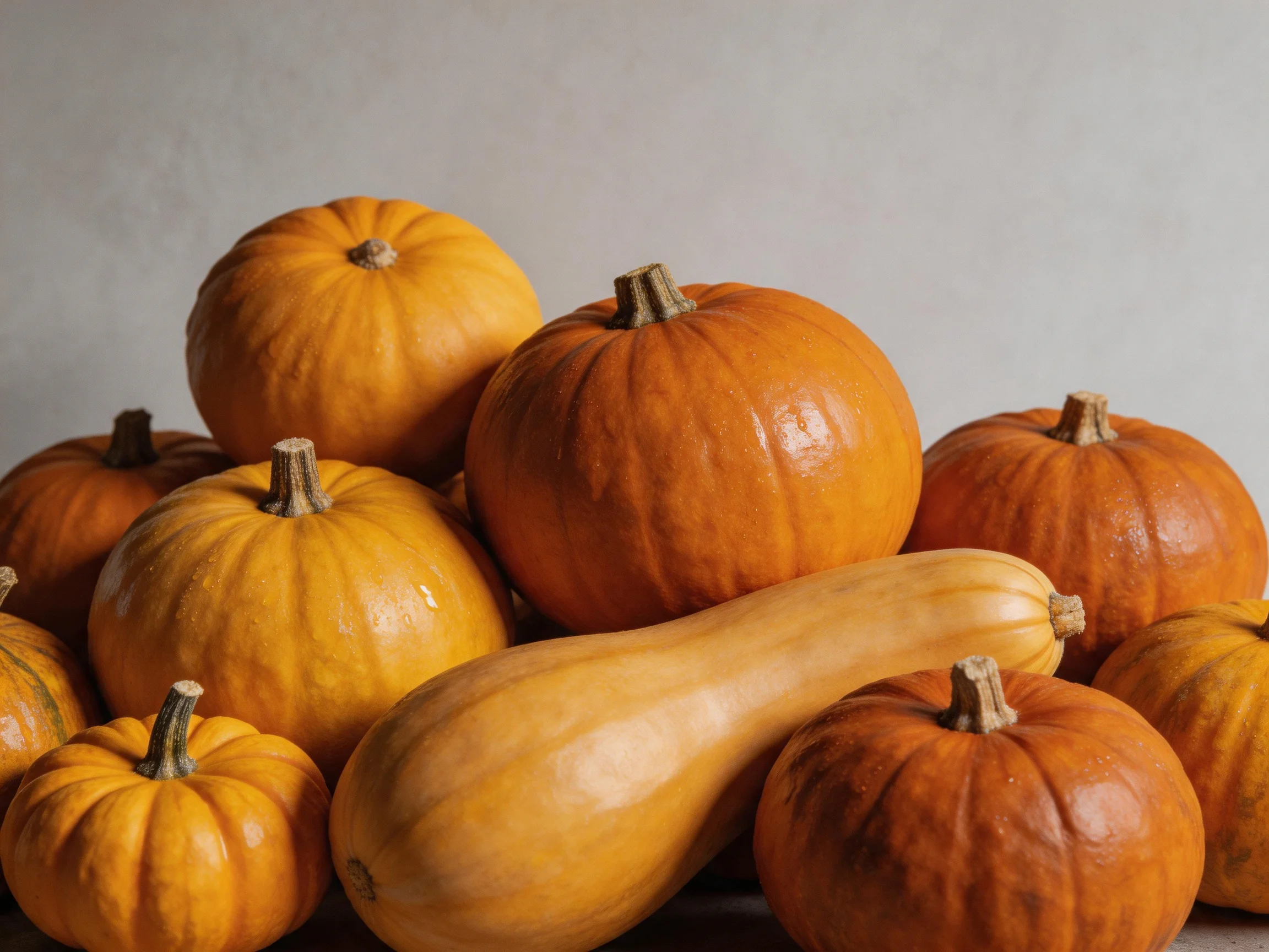 A cluster of orange pumpkins and one pale squash arranged closely