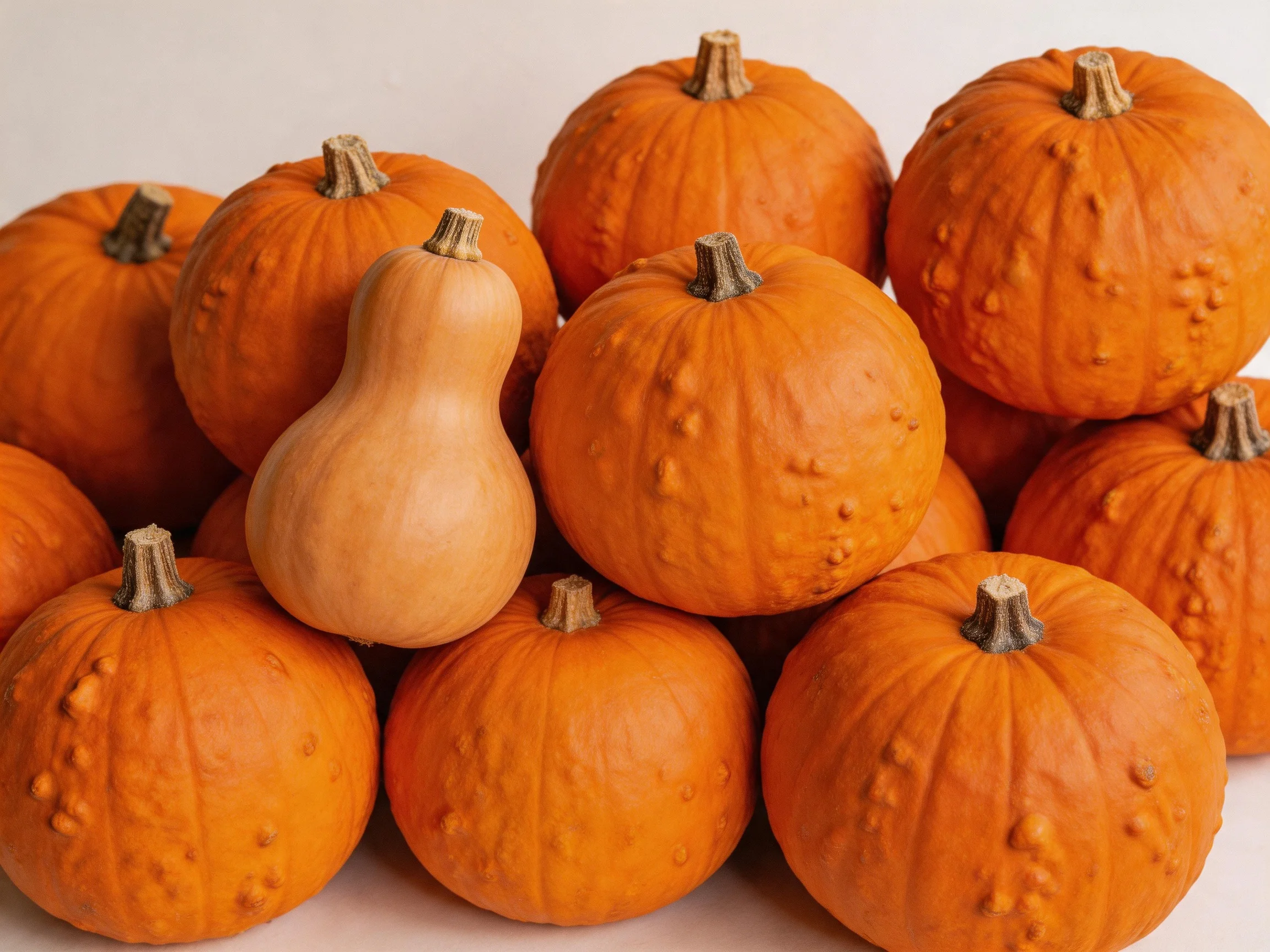 A cluster of orange pumpkins with one beige squash inthe center