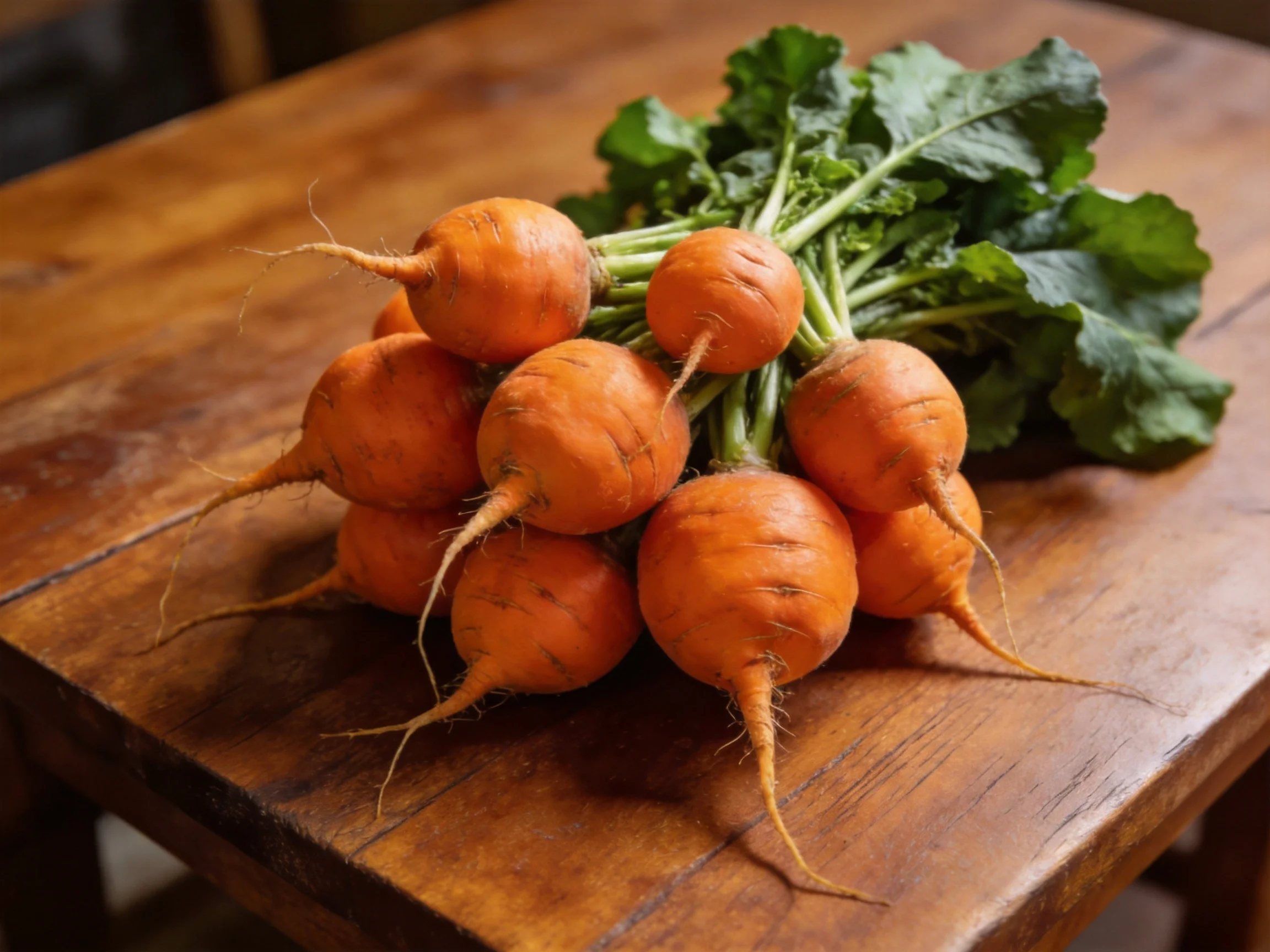 A cluster of orange root vegetables with green leaves on a wooden table