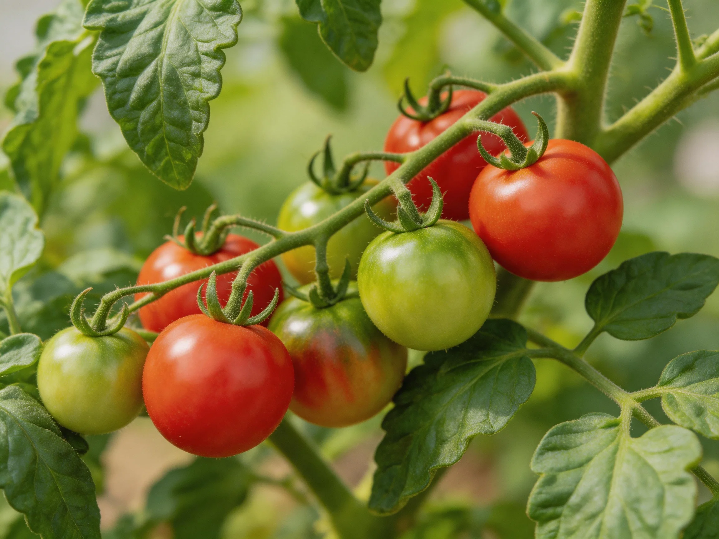 A cluster of red and green cherry tomatoes growing on a vine