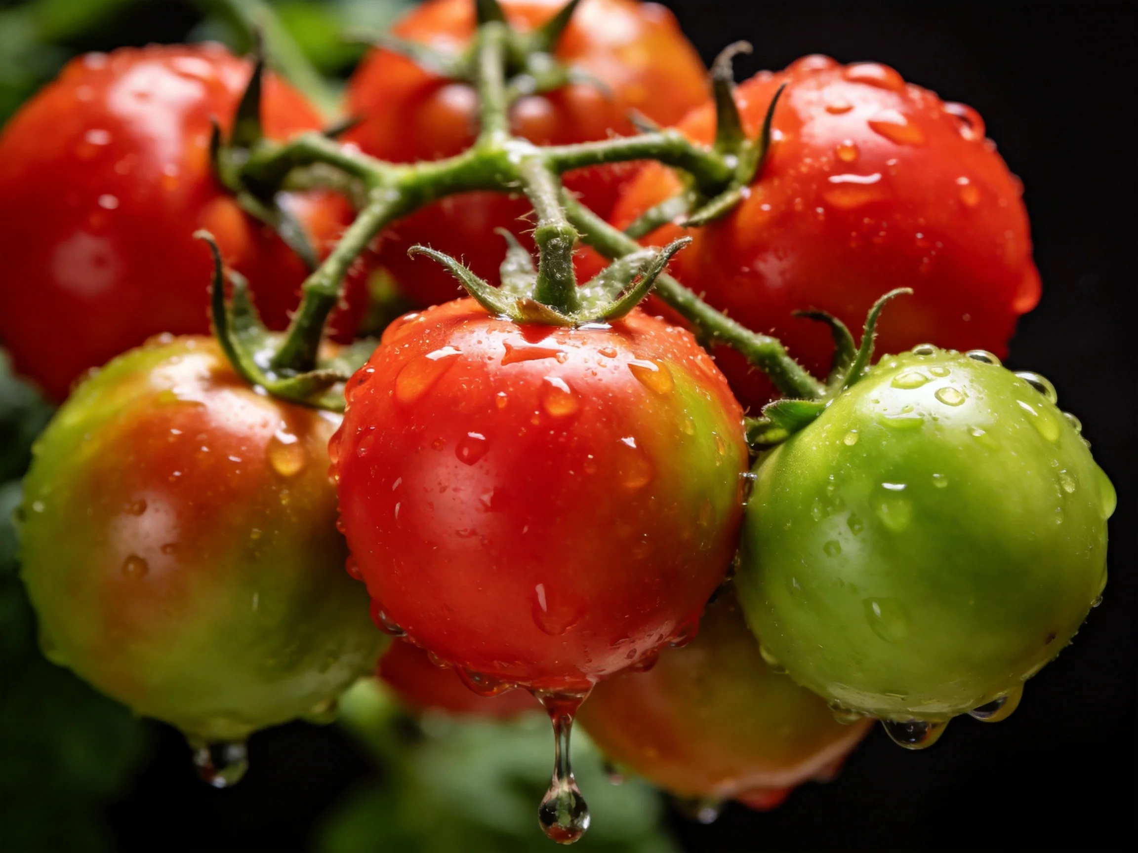 A cluster of red and green cherry tomatoes with water droplets