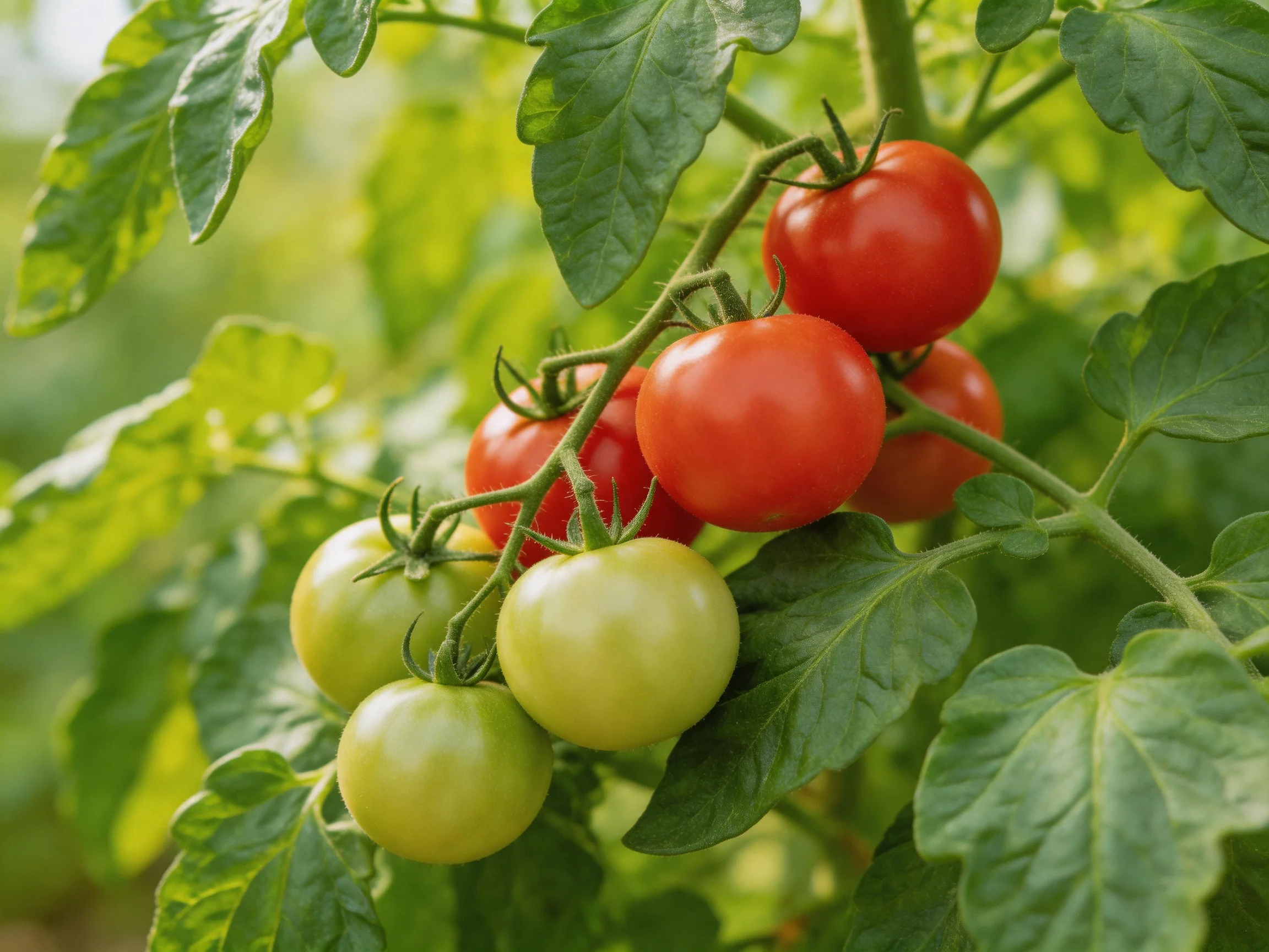 A cluster of red and green tomatoes growing on a leafy vine