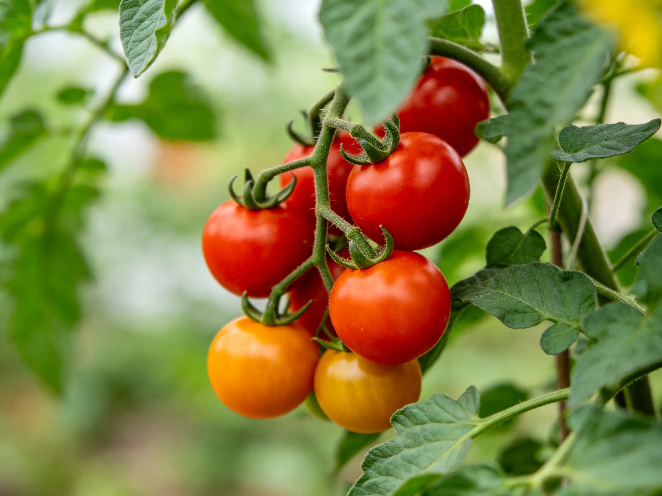 A cluster of red and orange cherry tomatoes ripening on a lush green vine
