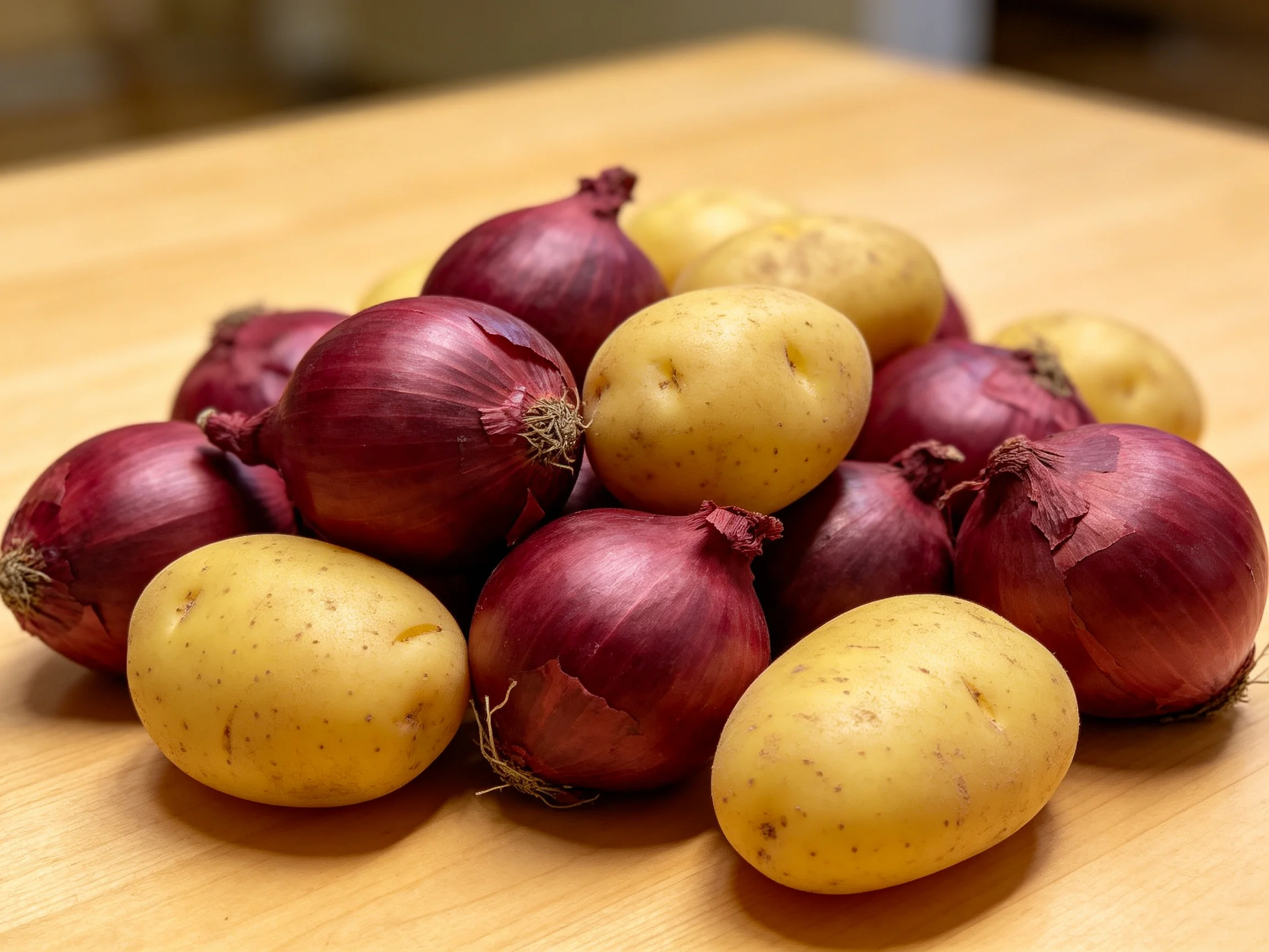 A cluster of red onions and yellow potatoes arranged on a wooden surface