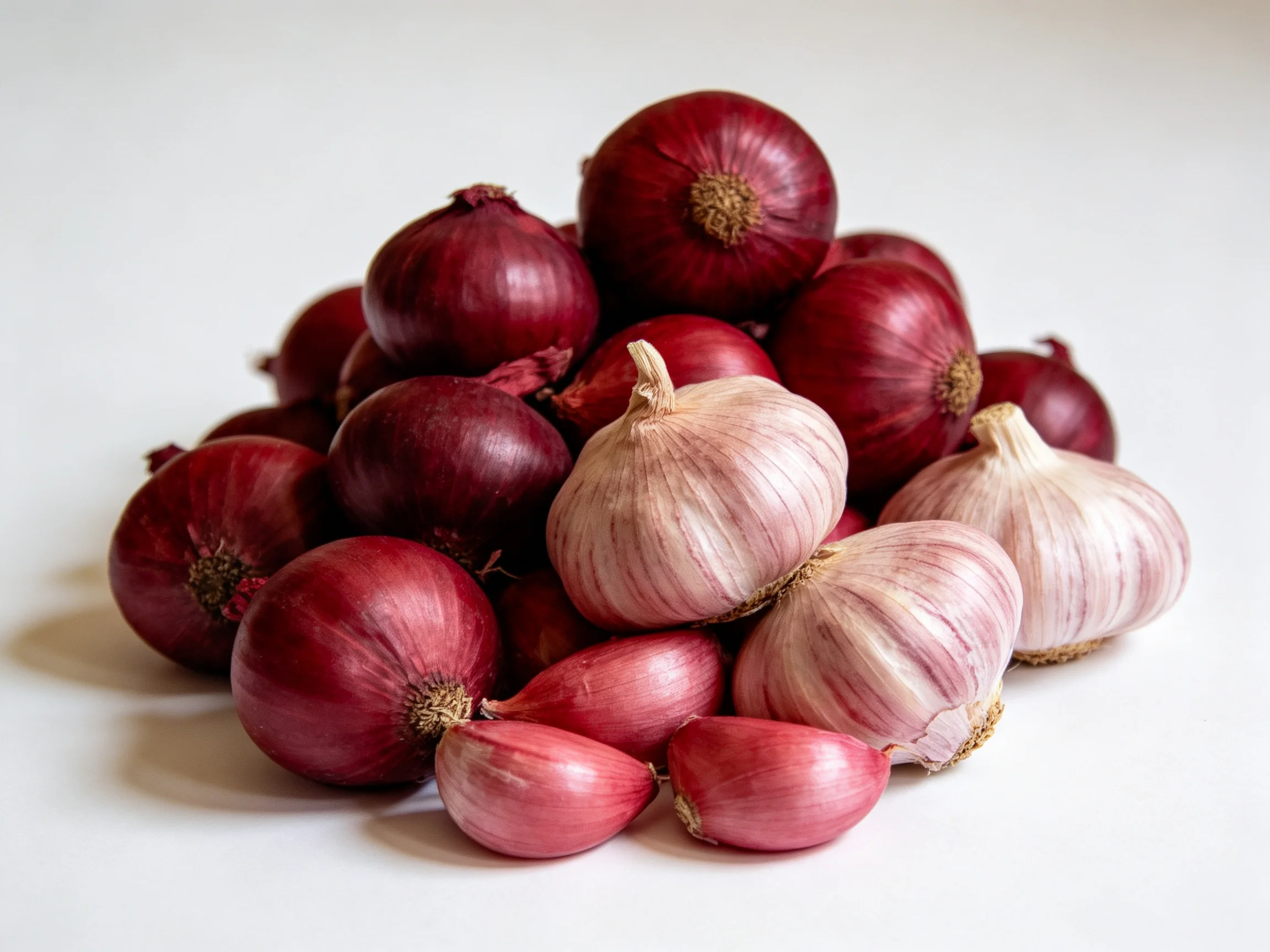 A cluster of red onions, pink shallots, and white garlic on a plain surface