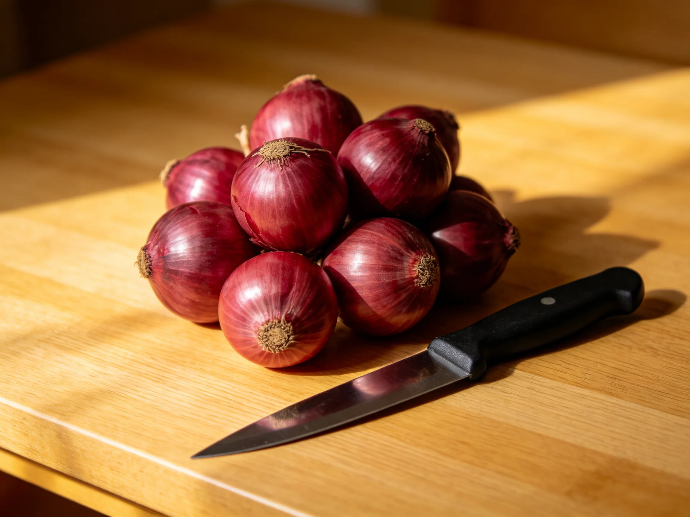 A cluster of red onions with a black-handled knife on a wooden cutting board