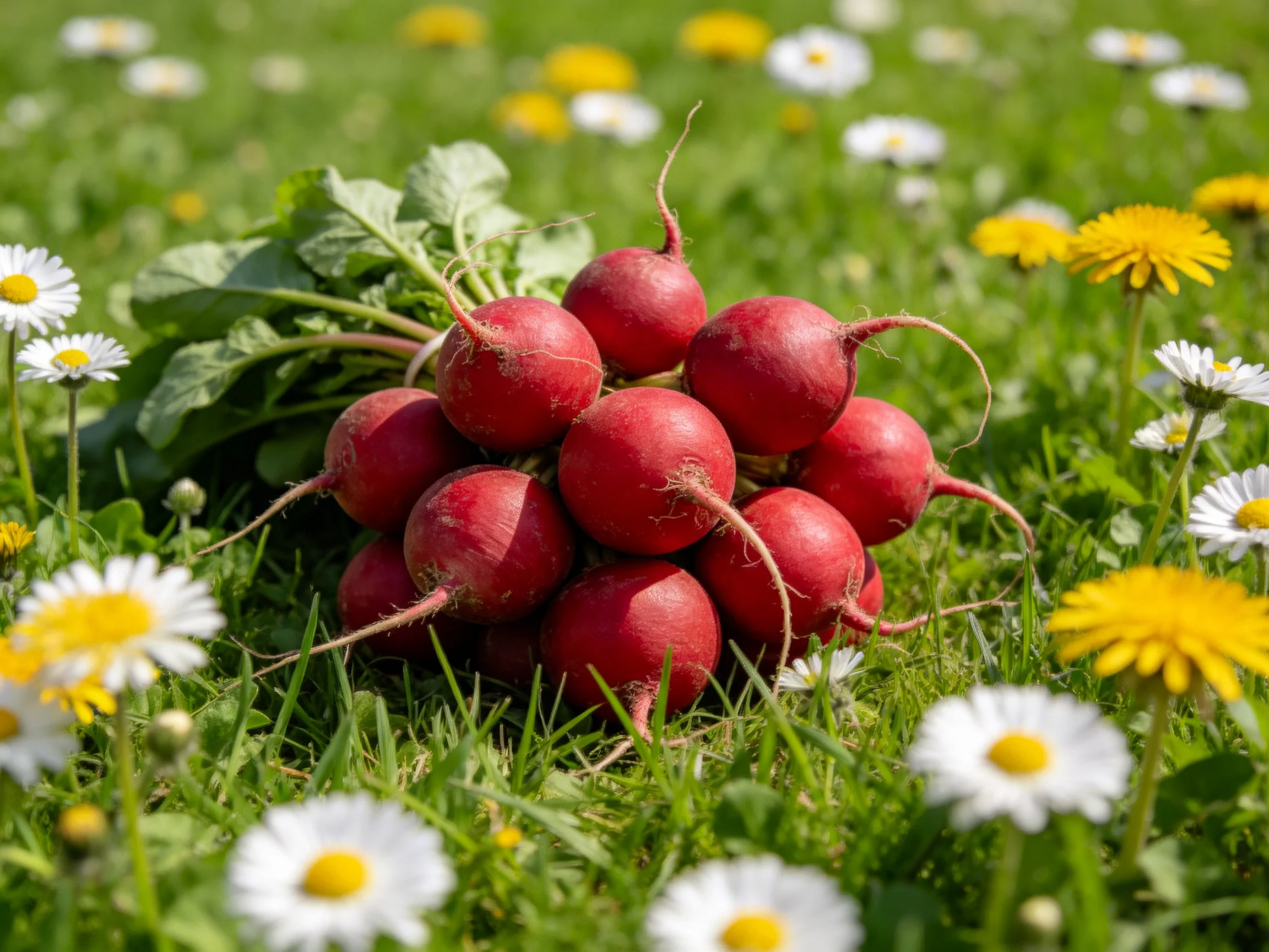 A cluster of red radishes amid white and yellow wildflowers in a sun-drenched meadow