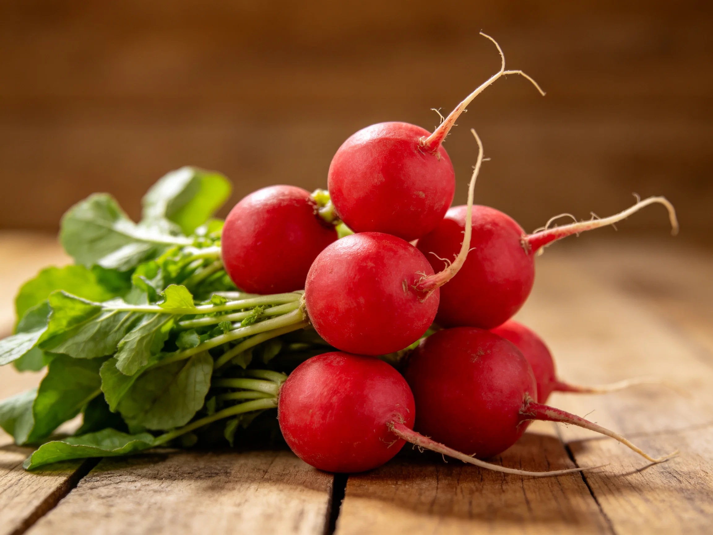 A cluster of seven vibrant red radishes with fresh green foliage on a rustic wooden table