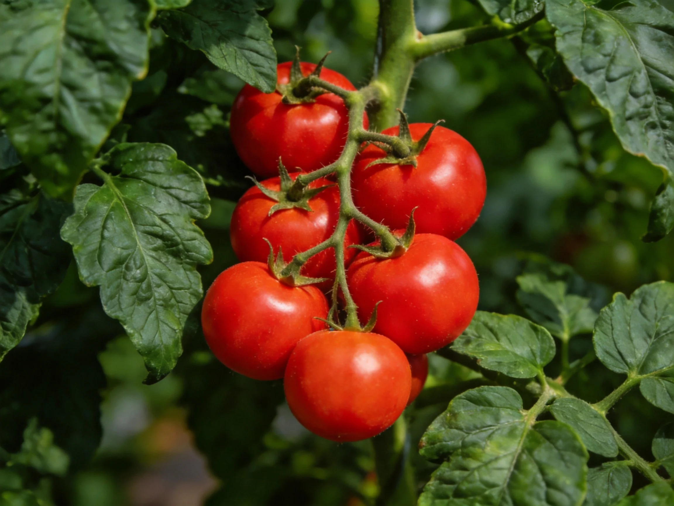 A cluster of six vibrant red cherry tomatoes on a green vine with large leaves
