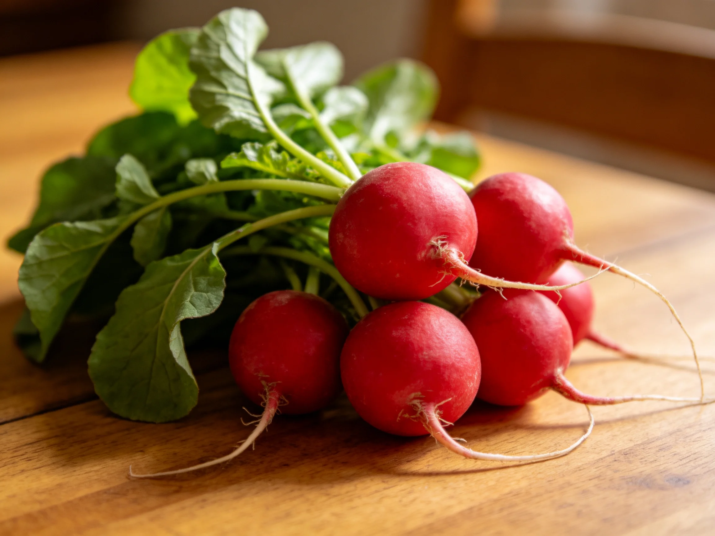 A cluster of six vibrant red radishes with fresh green leaves on a wooden table