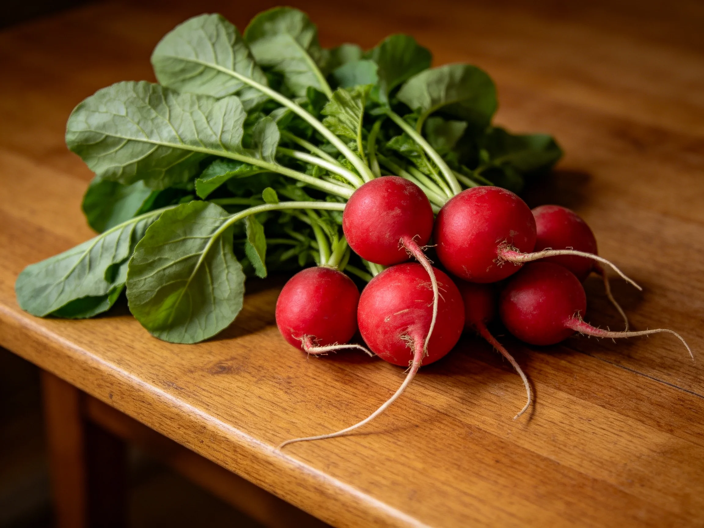A cluster of six vibrant red radishes with fresh green leaves on a wooden table