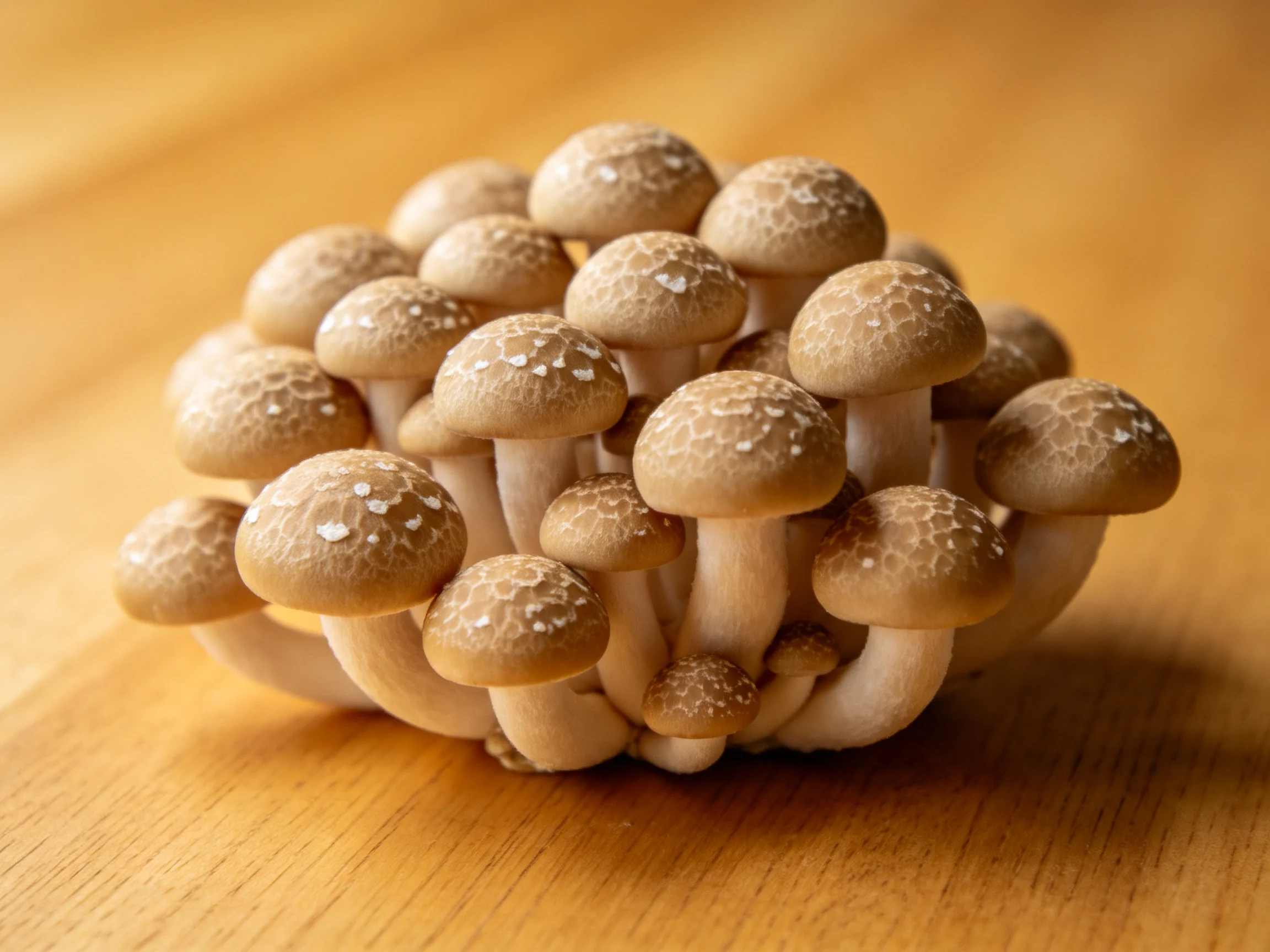 A cluster of small brown-capped mushrooms with white speckles on a wooden surface