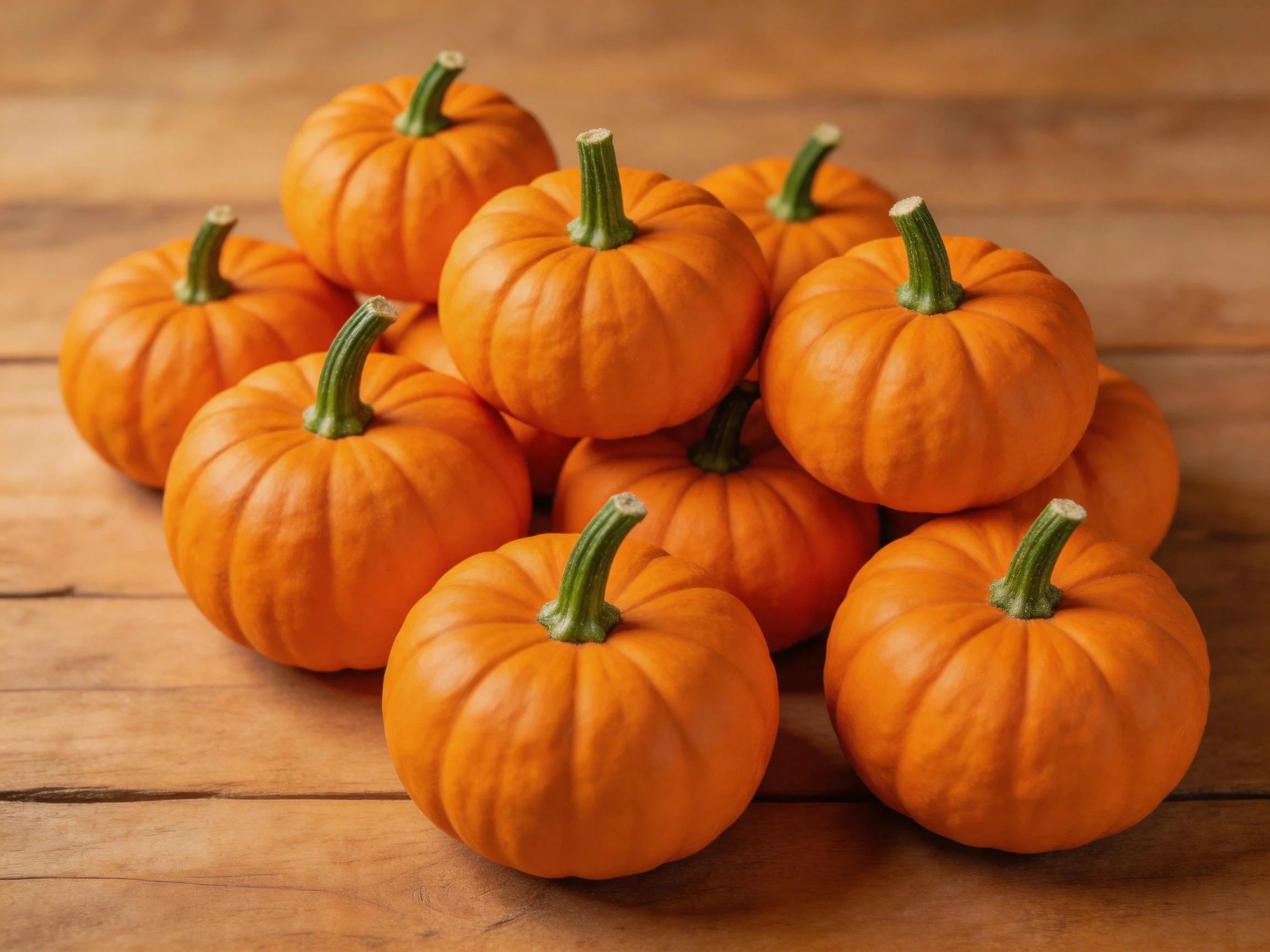 A cluster of small orange pumpkins arranged on a wooden surface