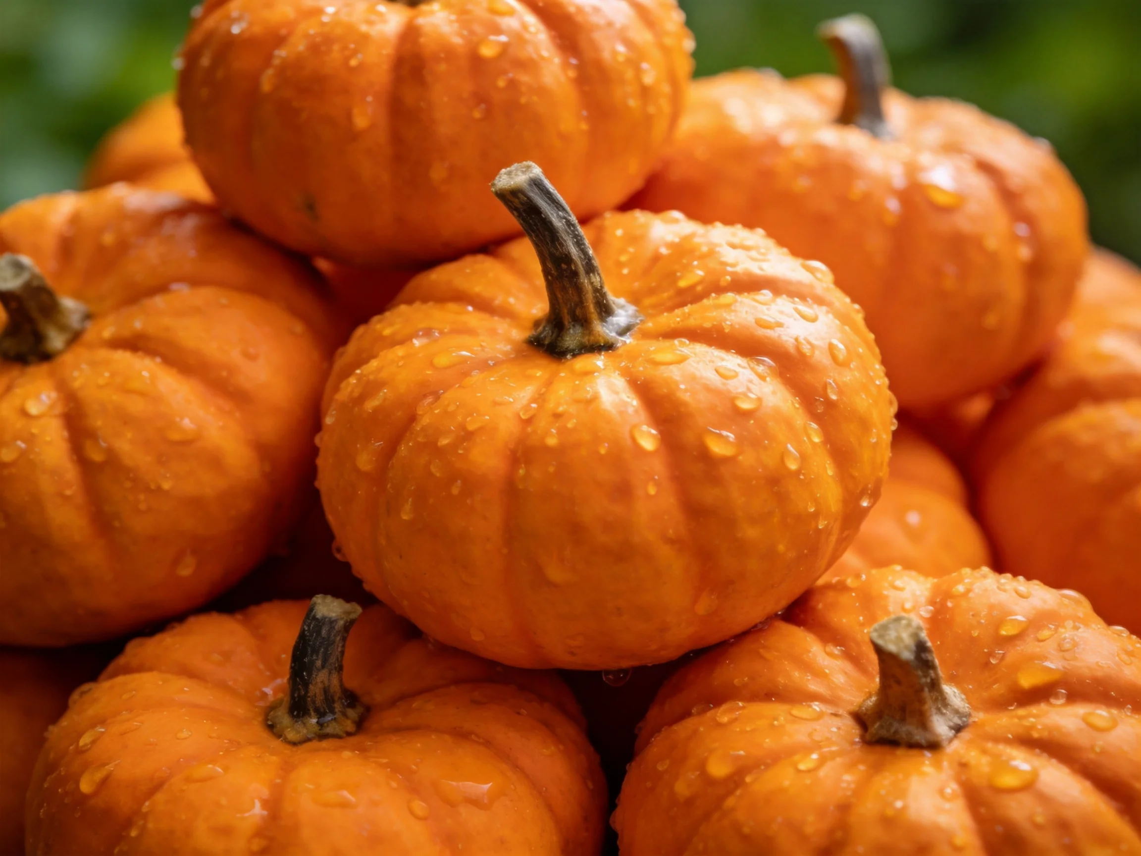 A cluster of small orange pumpkins with glistening water droplets