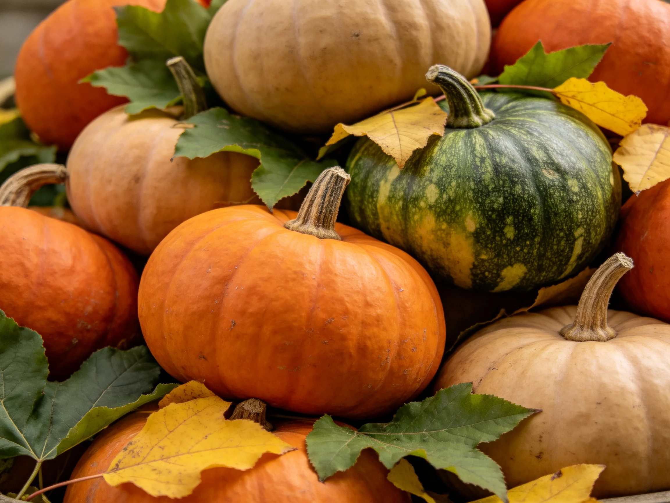 A cluster of small pumpkins in orange, green, beige, and yellow autumn hues