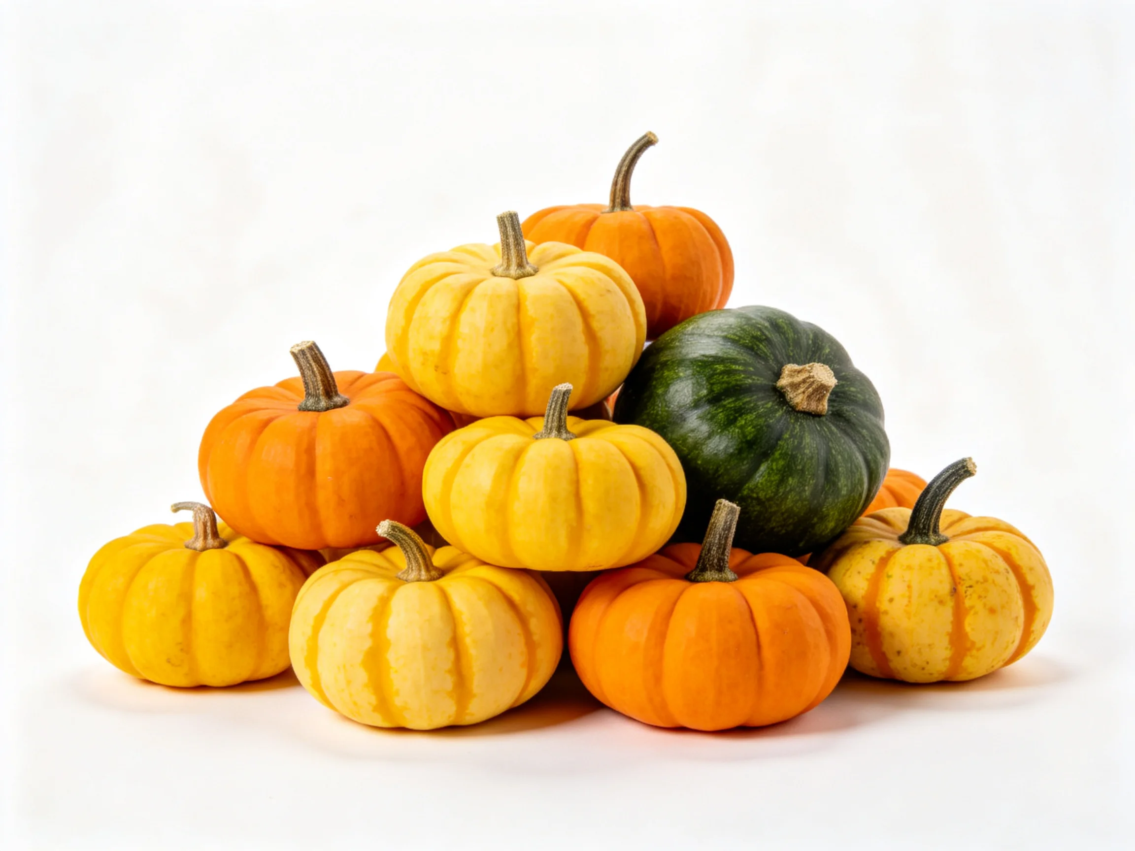 A cluster of small pumpkins in orange, yellow, and dark green hues