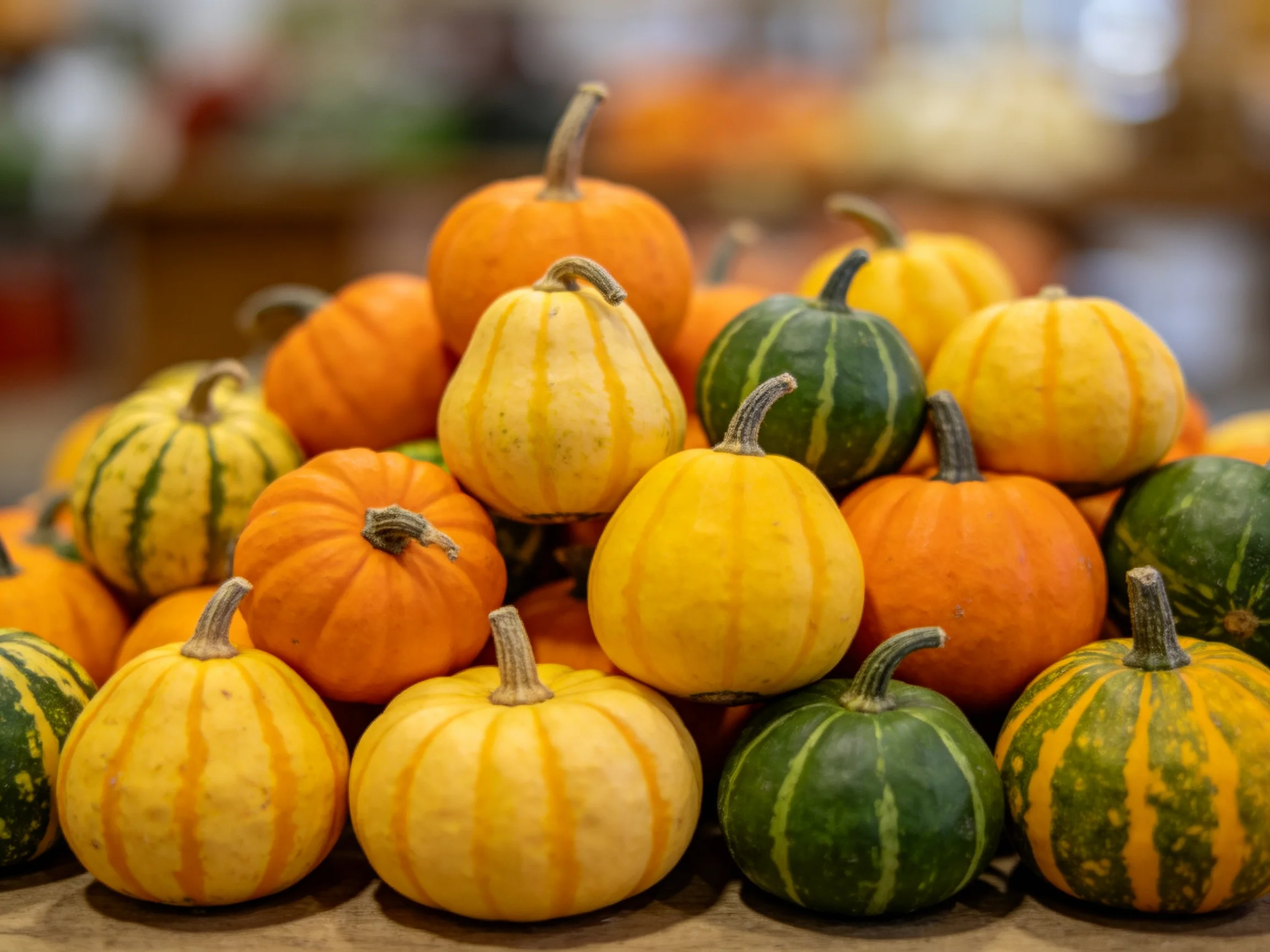 A cluster of small striped pumpkins and gourds in assorted hues