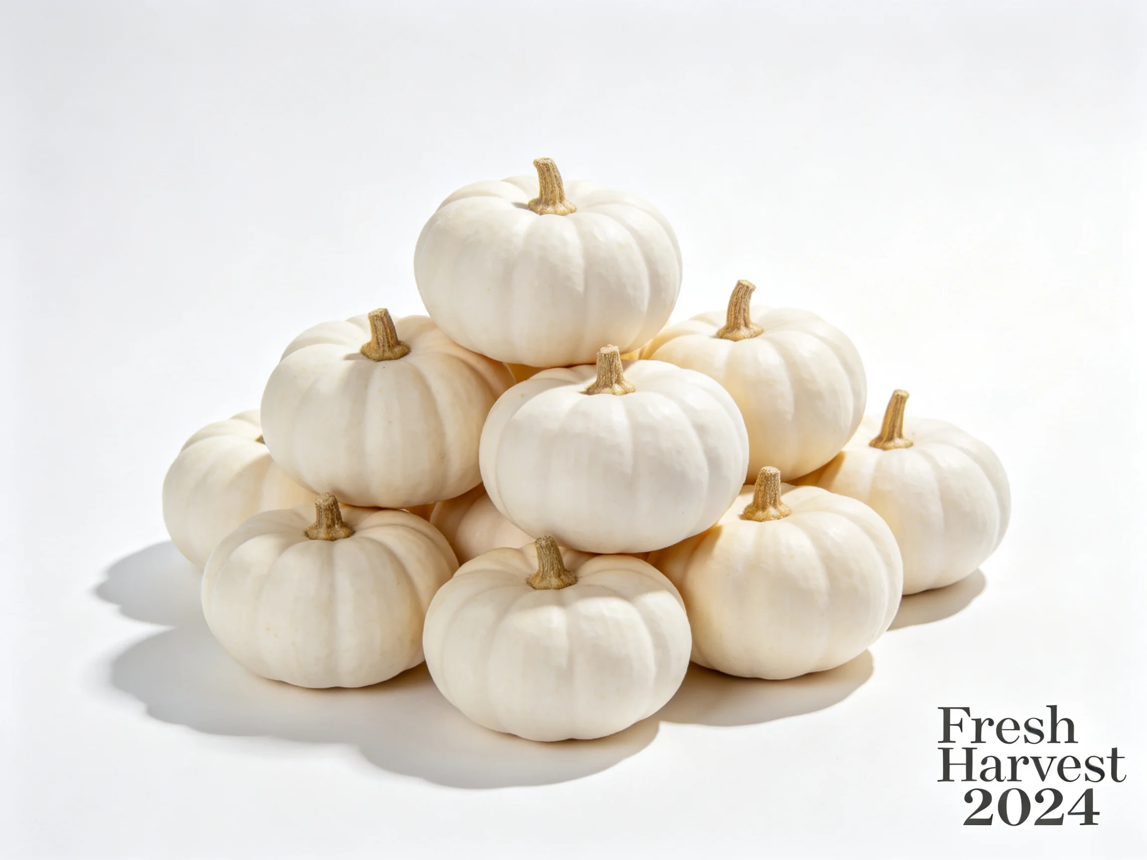 A cluster of small white pumpkins stacked in a pyramid