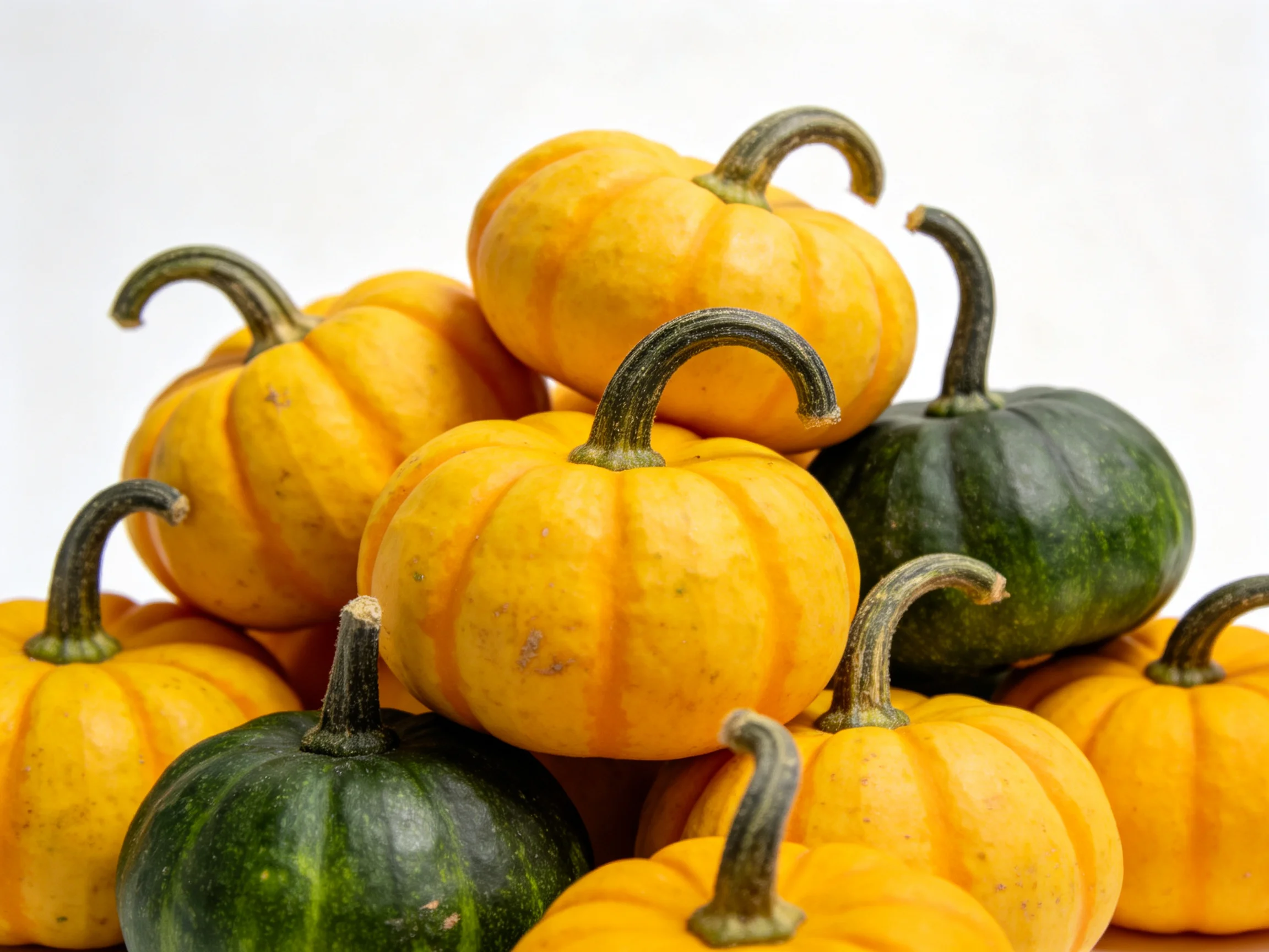 A cluster of small yellow and dark green pumpkins stacked closely together