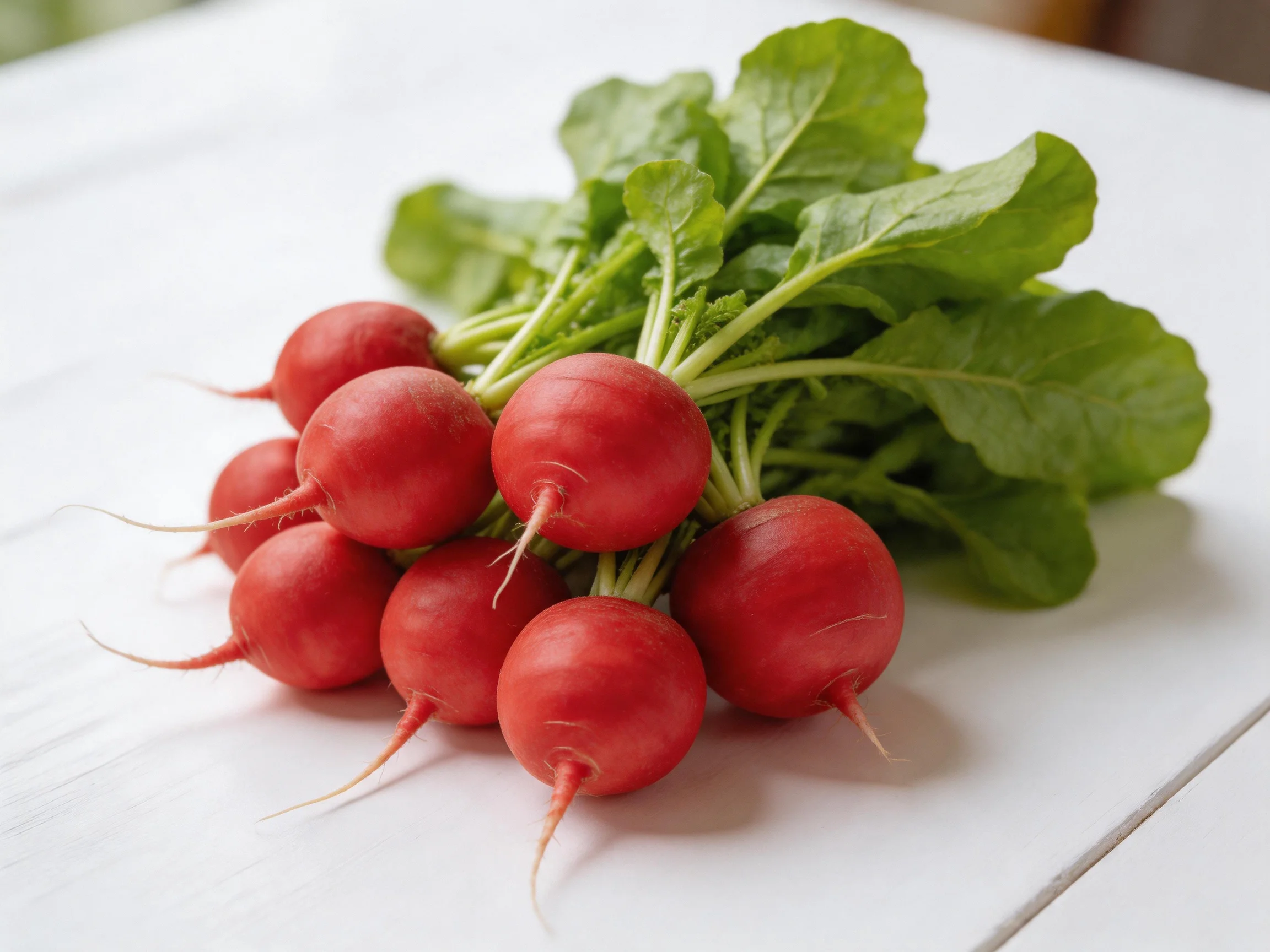 A cluster of ten bright red radishes with fresh green foliage
