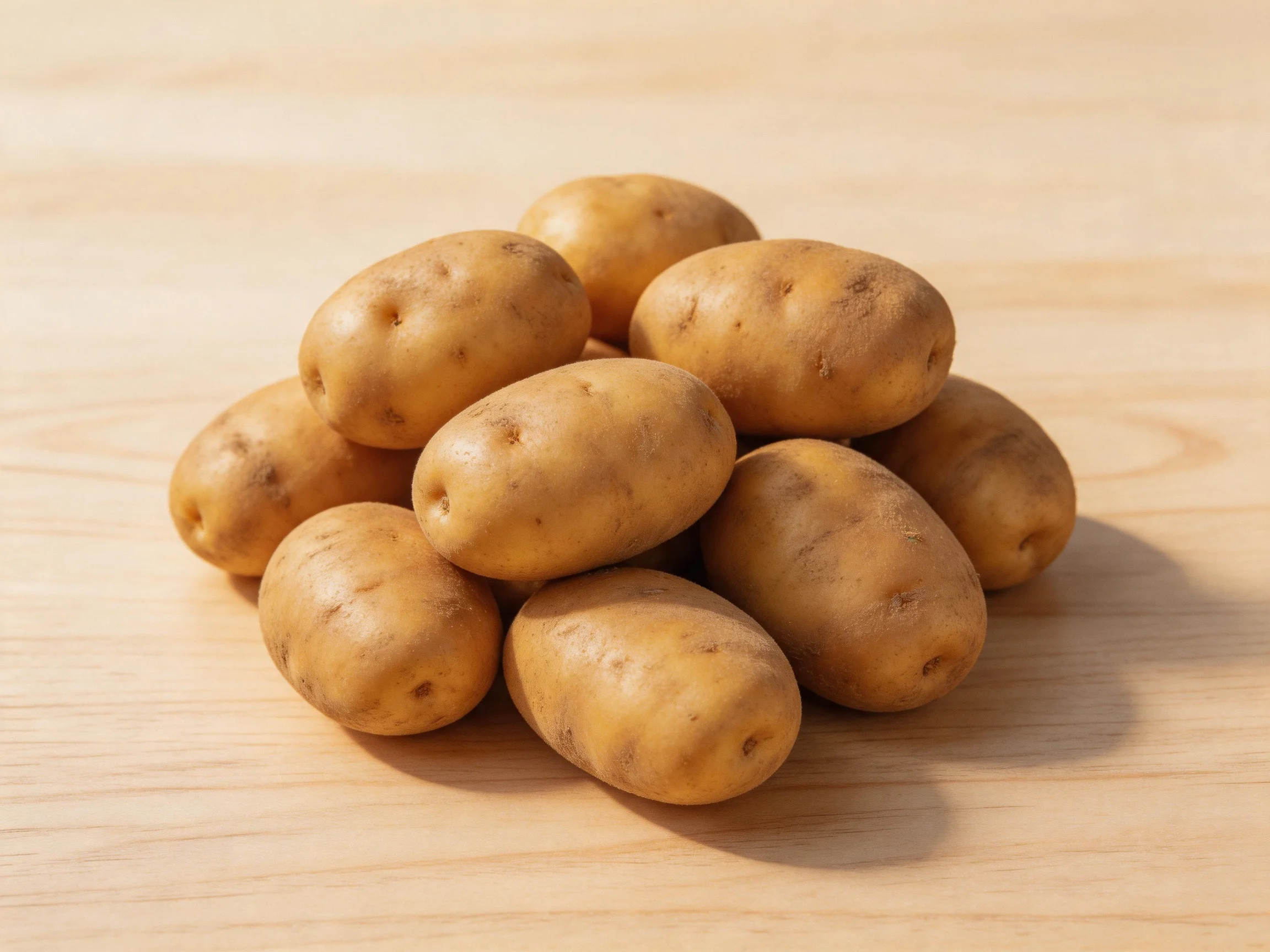 A cluster of ten golden-brown potatoes on a light wooden surface