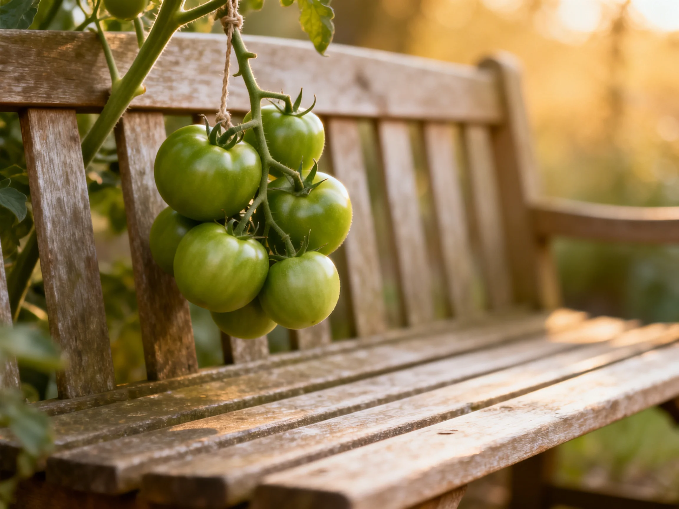 A cluster of unripe green tomatoes hangs beside an aged wooden bench