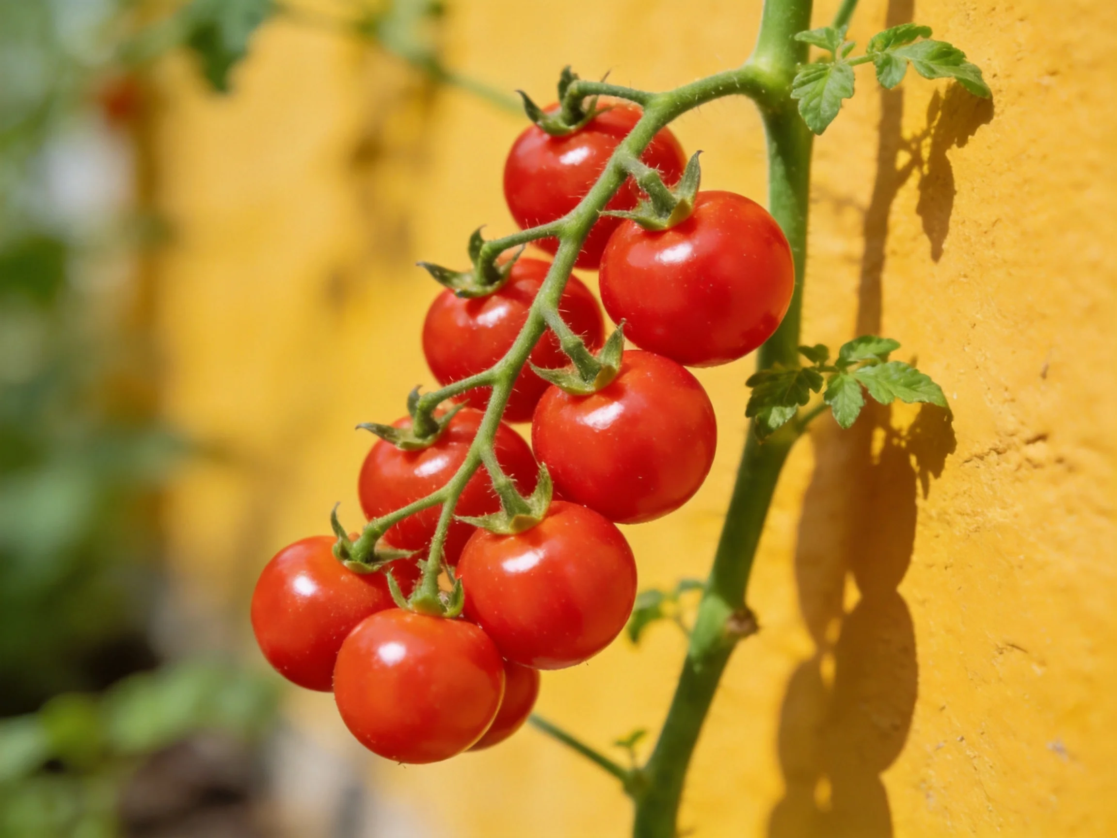 A cluster of vibrant cherry tomatoes hangs from a green vine near a yellow wall