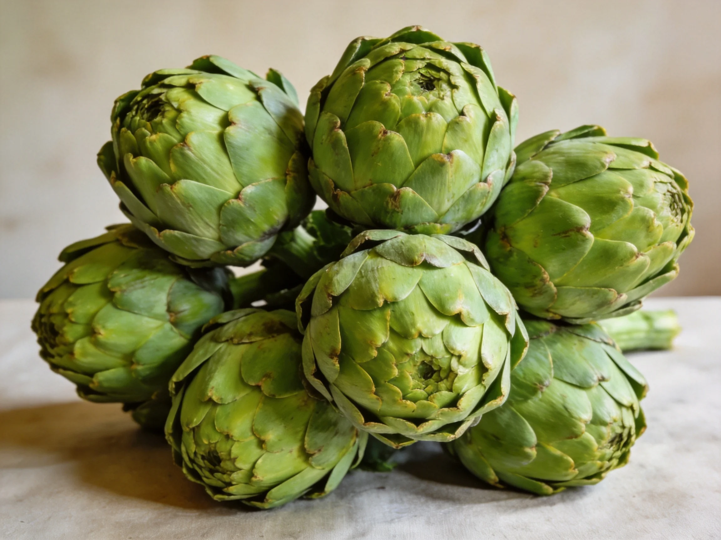 A cluster of vibrant green artichokes displayed closely grouped