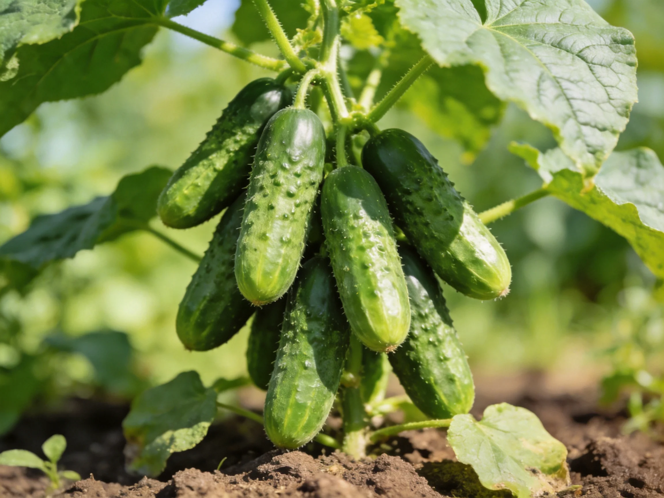 A cluster of vibrant green cucumbers hanging from a leafy vine