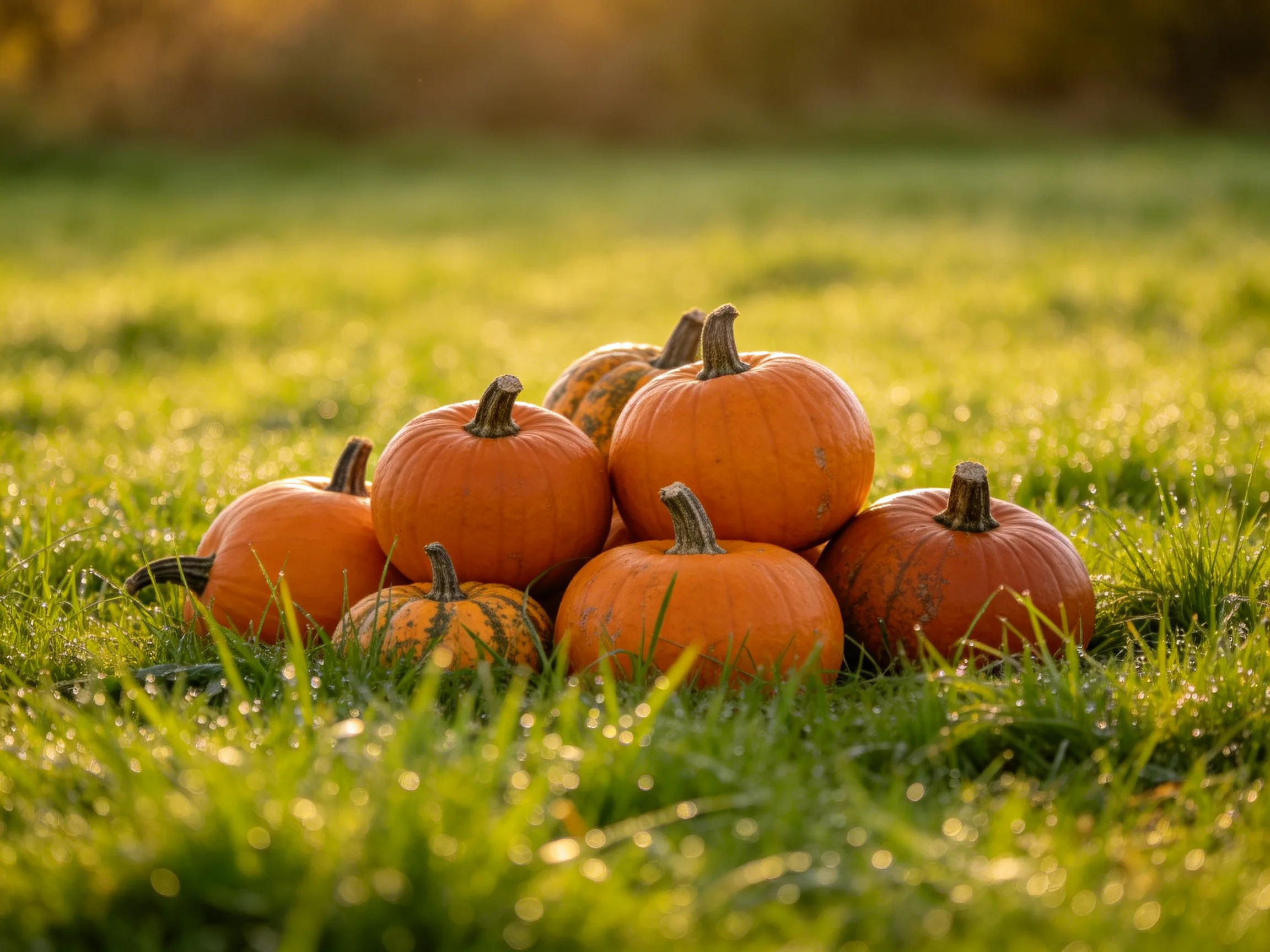 A cluster of vibrant orange pumpkins gathered on dewy green grass