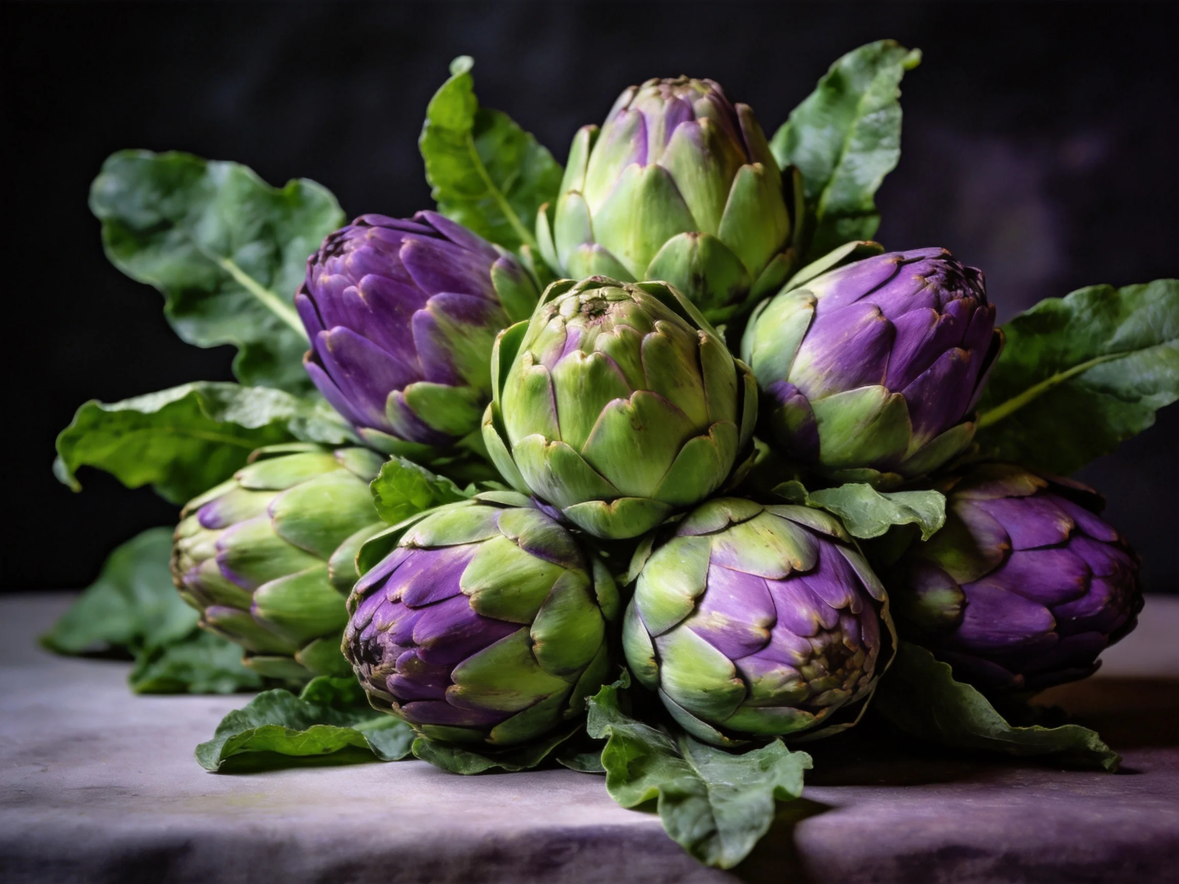 A cluster of vibrant purple and green artichokes with large leaves