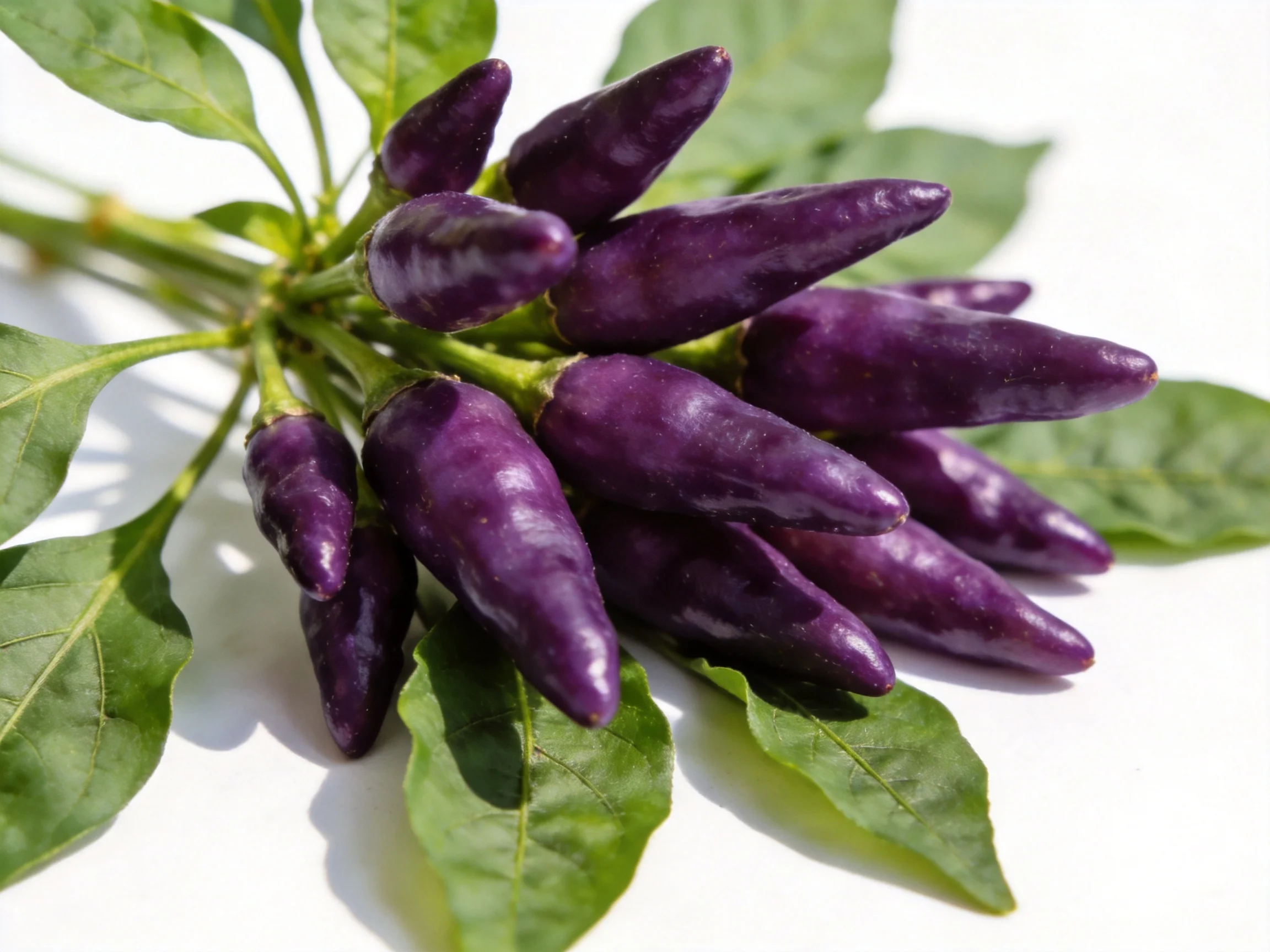 A cluster of vibrant purple chili peppers surrounded by fresh green leaves