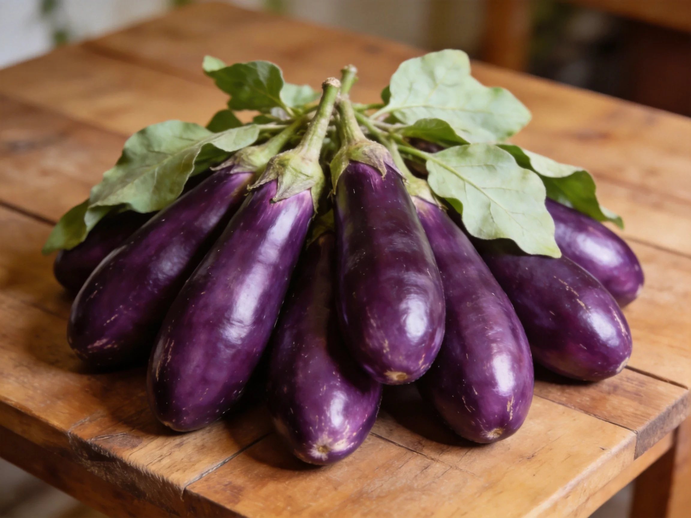A cluster of vibrant purple eggplants with green leaves on a wooden table