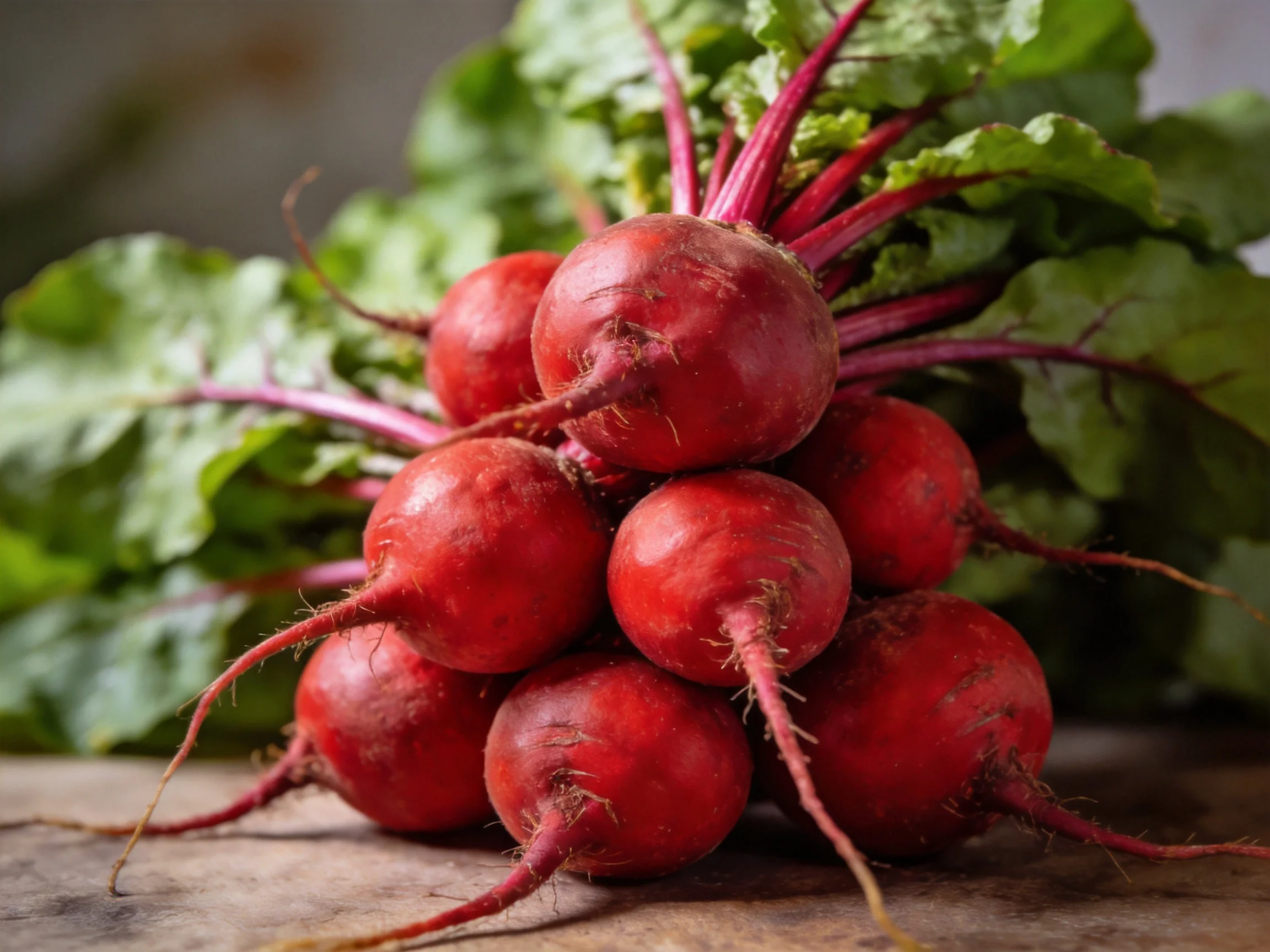 A cluster of vibrant red beets with lush green foliage