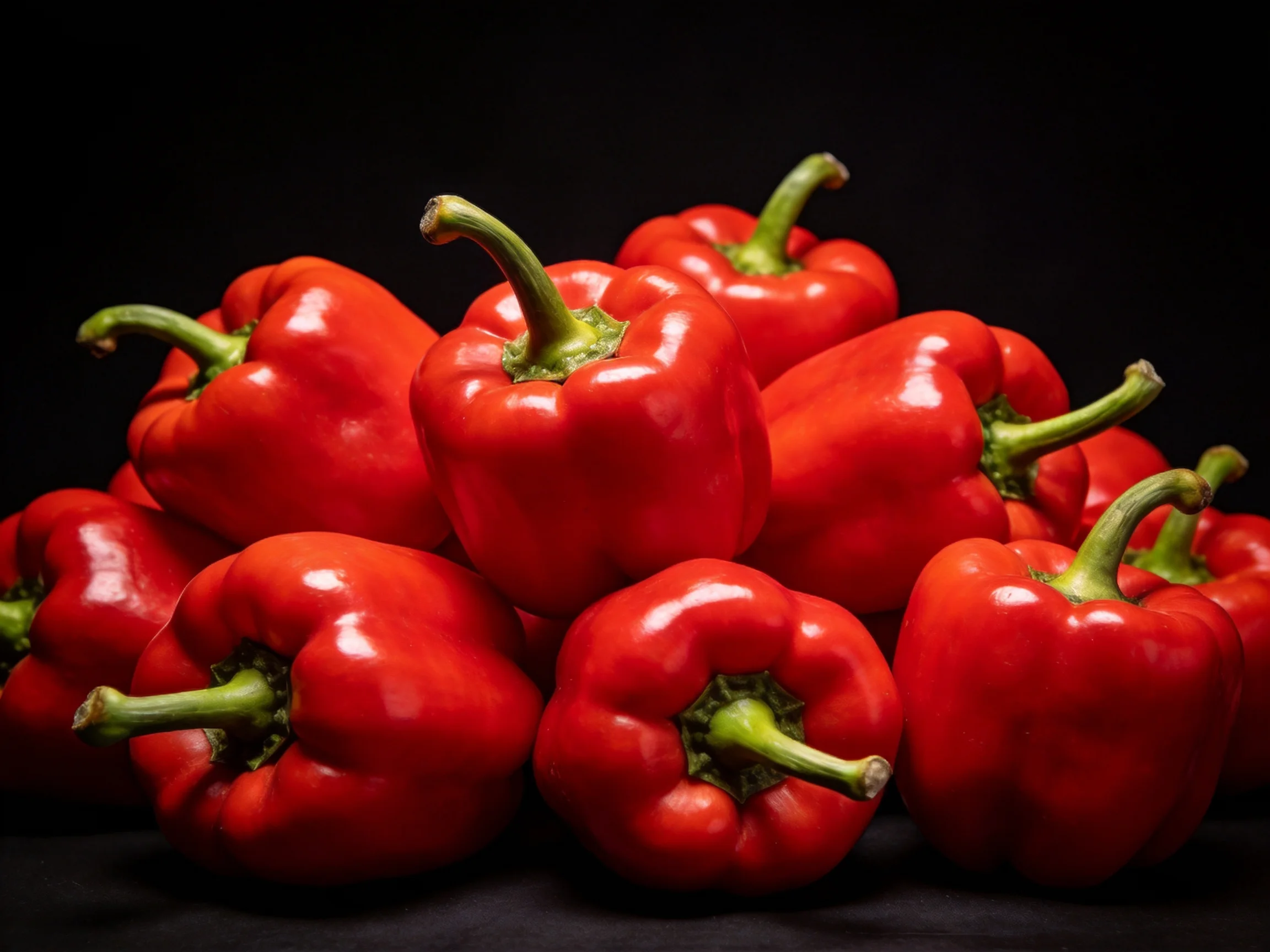 A cluster of vibrant red bell peppers piled together on a dark background