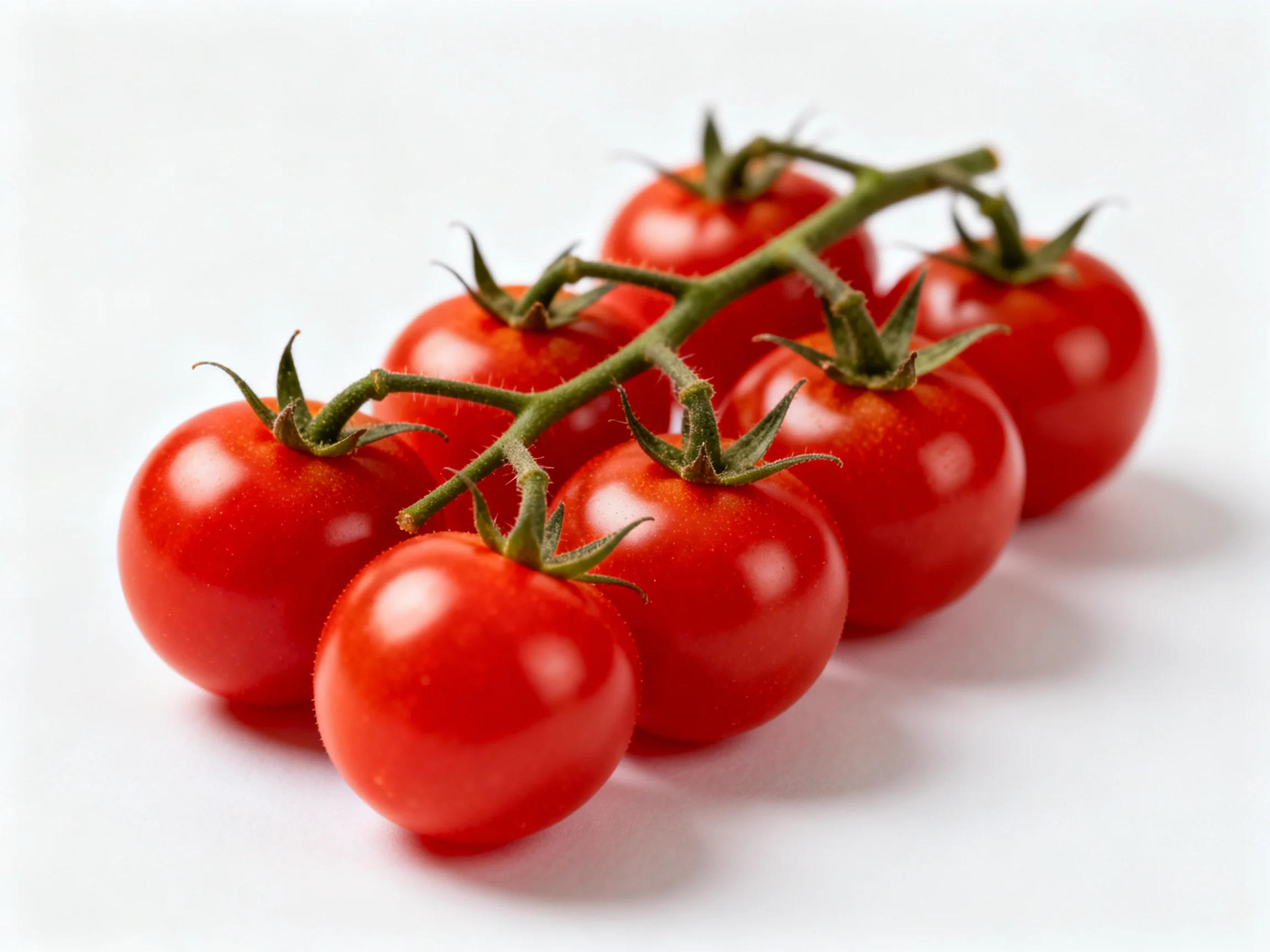 A cluster of vibrant red cherry tomatoes attached to a green vine