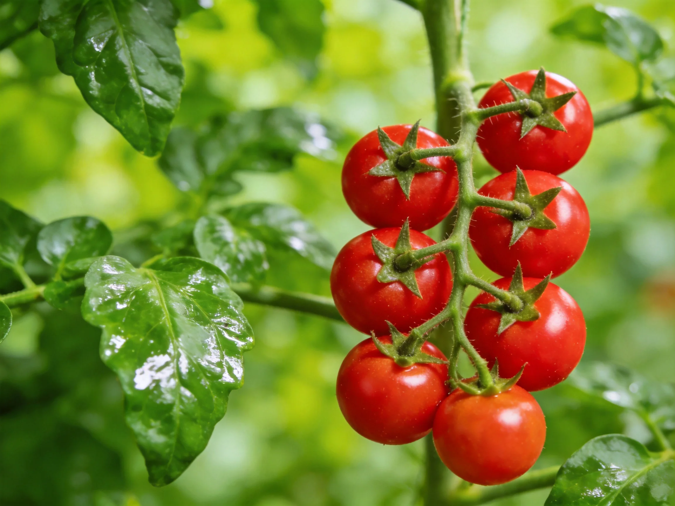 A cluster of vibrant red cherry tomatoes growing on a lush green vine