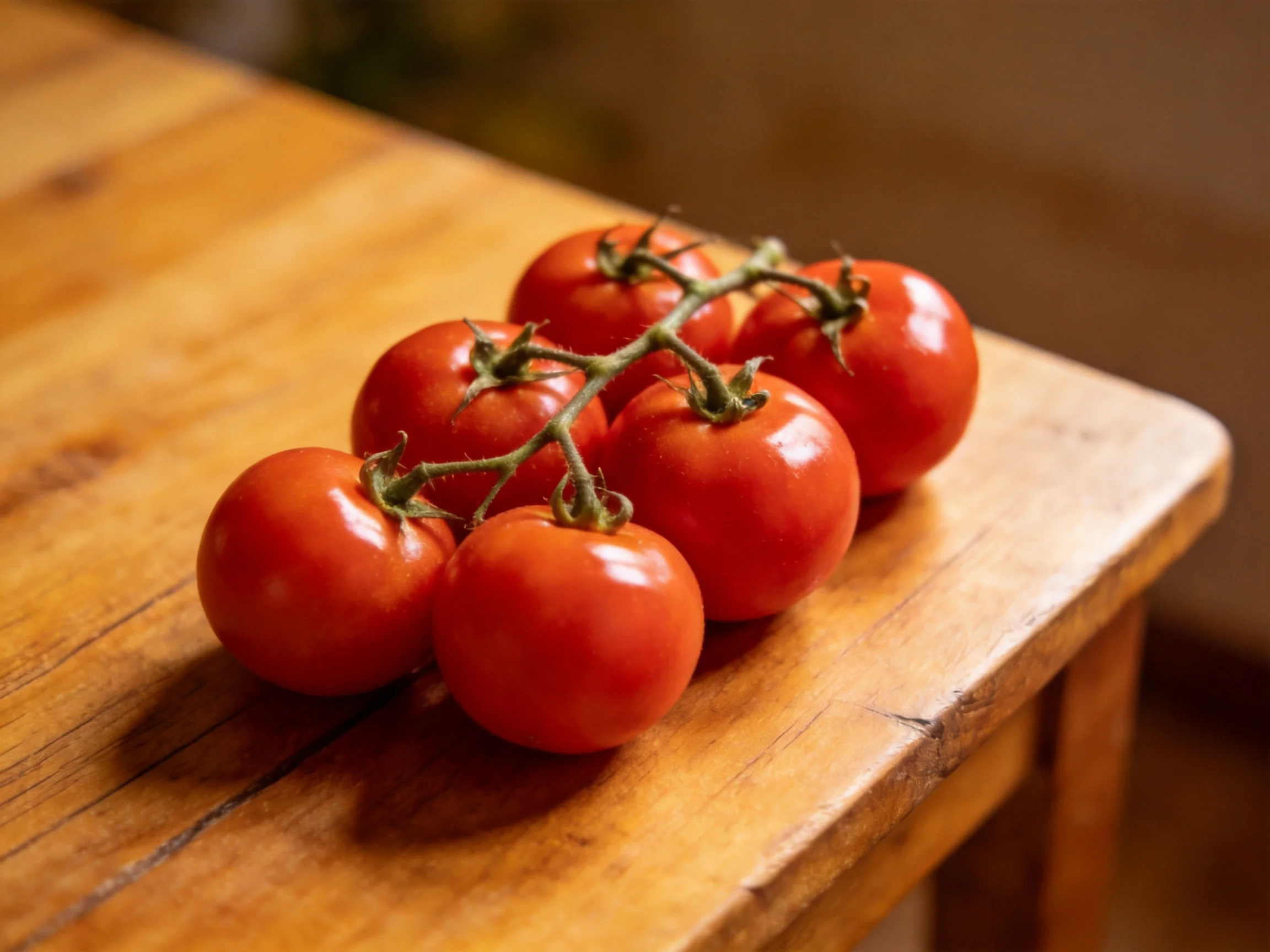A cluster of vibrant red cherry tomatoes rests on a polished wooden table