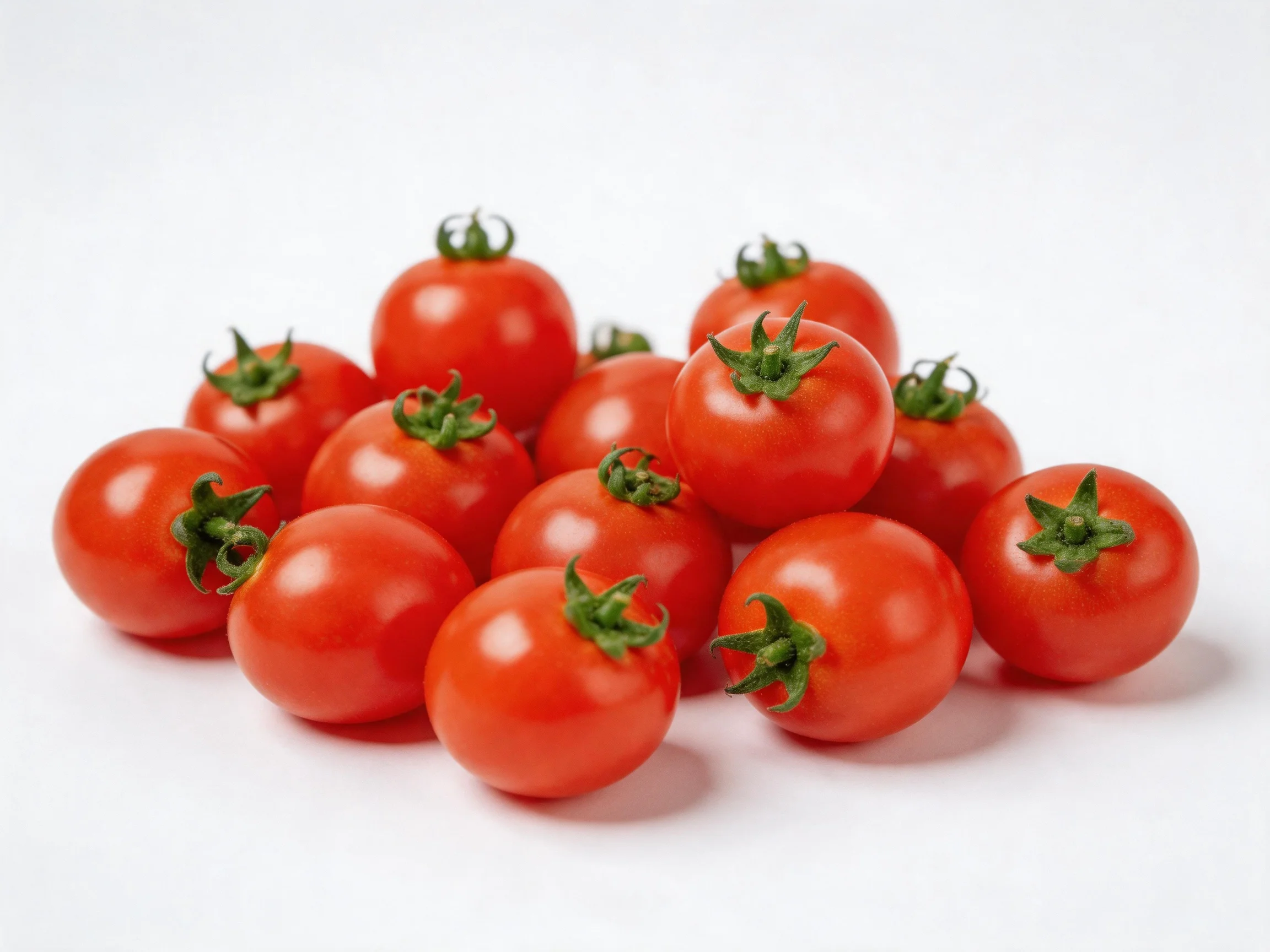 A cluster of vibrant red cherry tomatoes with green stems
