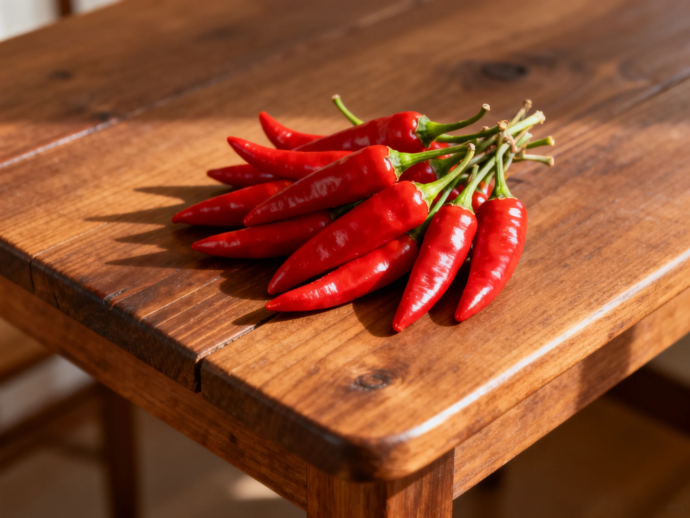 A cluster of vibrant red chili peppers arranged on a polished wooden table