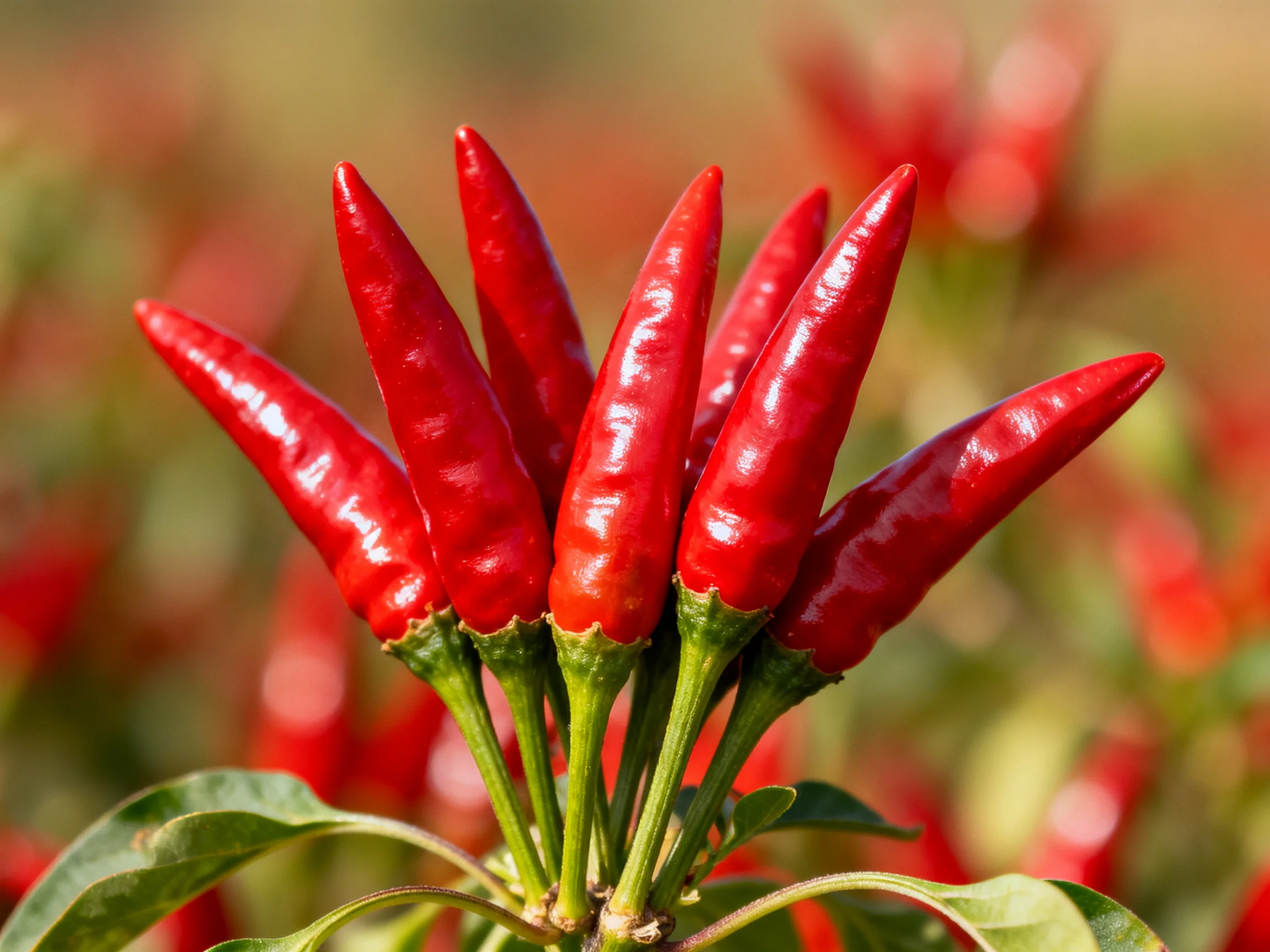 A cluster of vibrant red chili peppers clustered on green stems