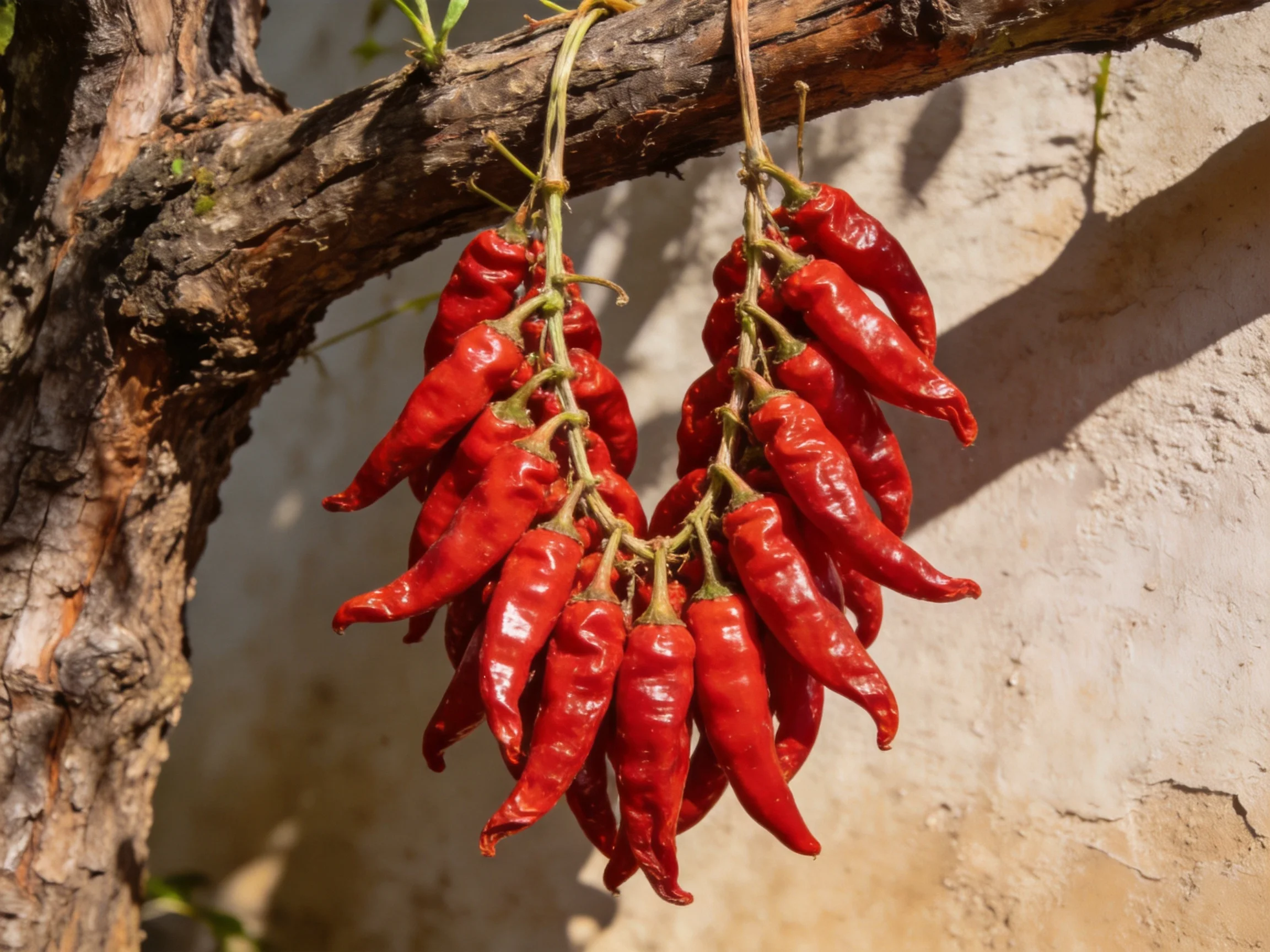 A cluster of vibrant red chili peppers hangs from a weathered wooden branch