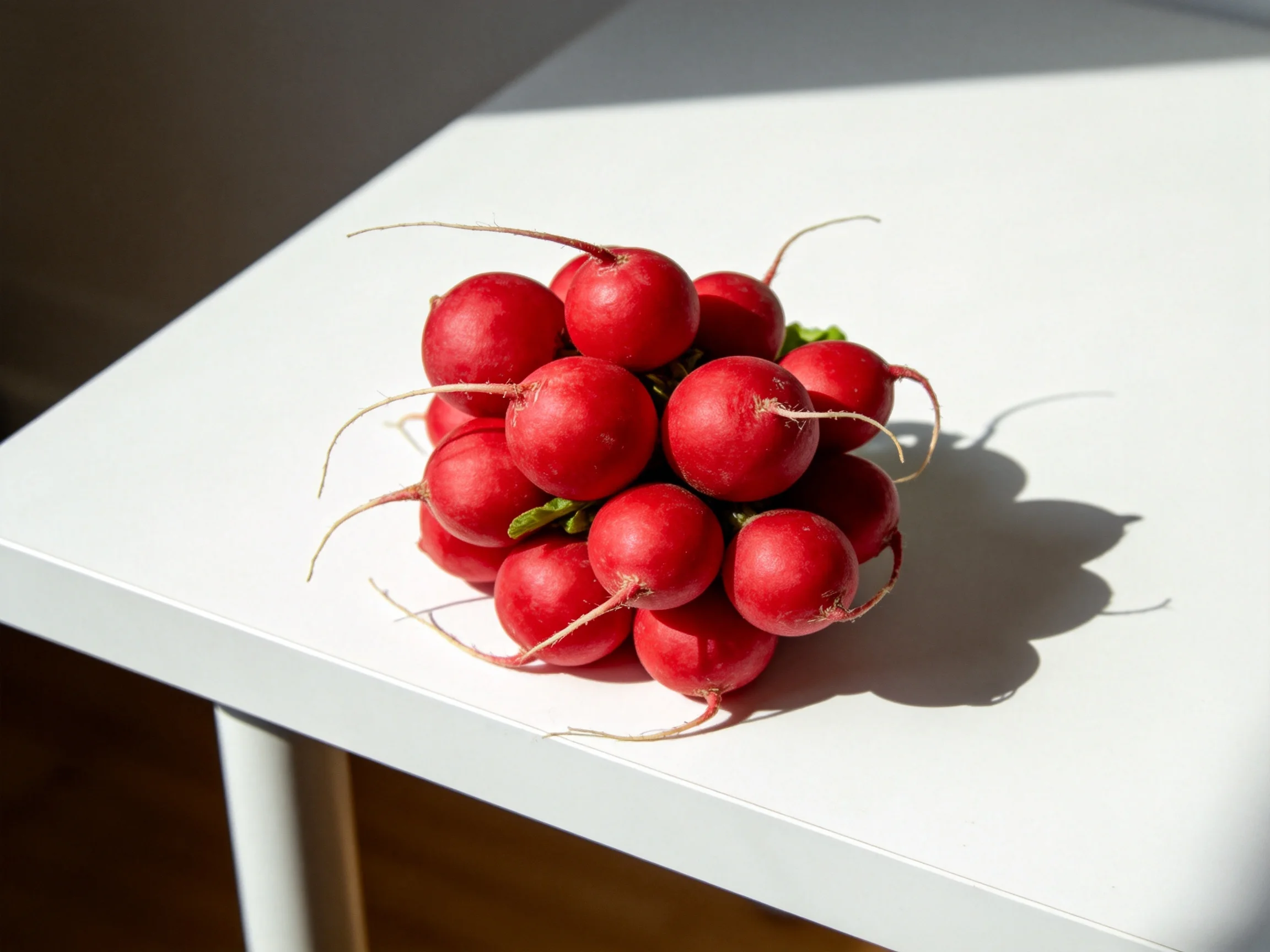 A cluster of vibrant red radishes arranged on a sleek white surface